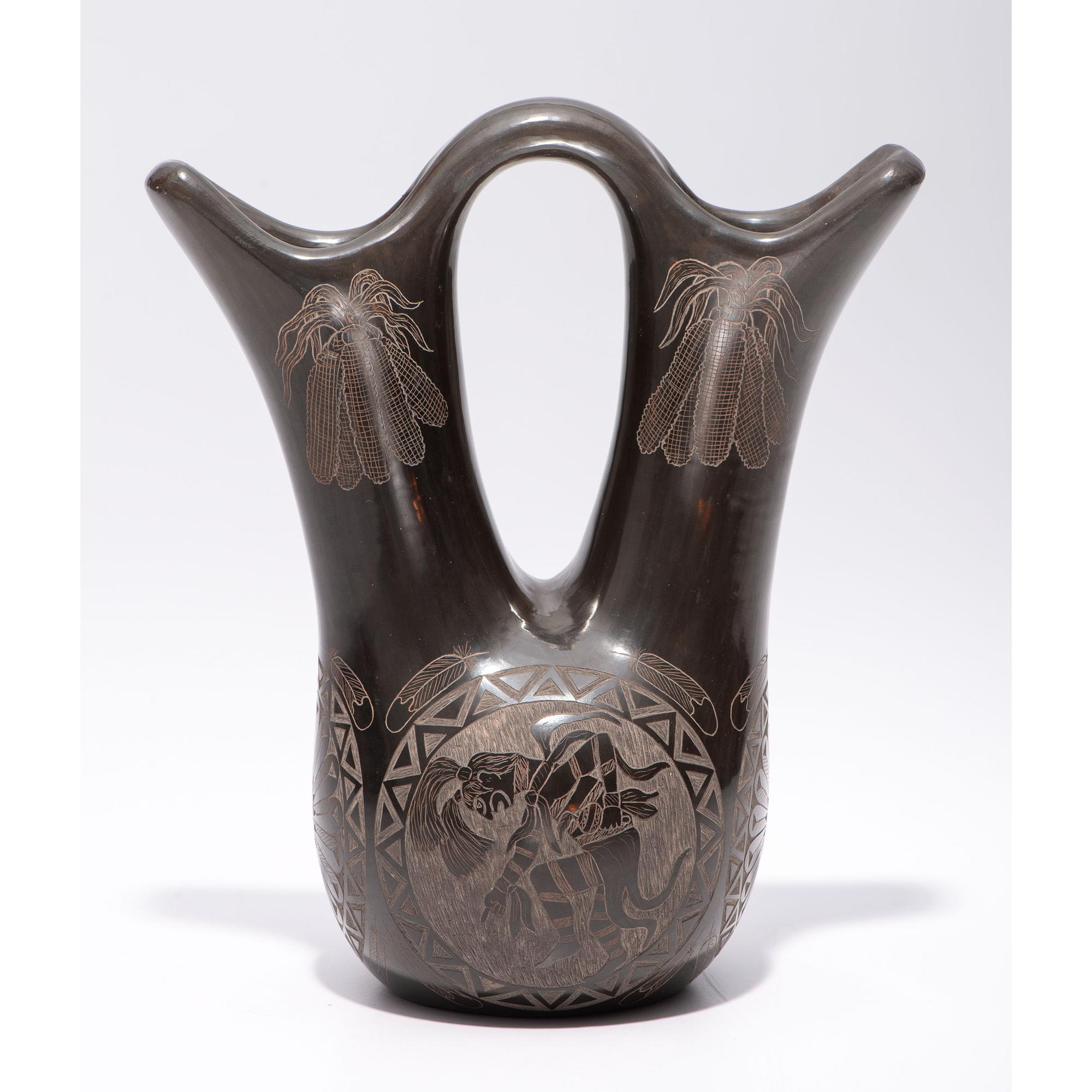 Award-Winning Pictorial Sgraffito Blackware Wedding Vase