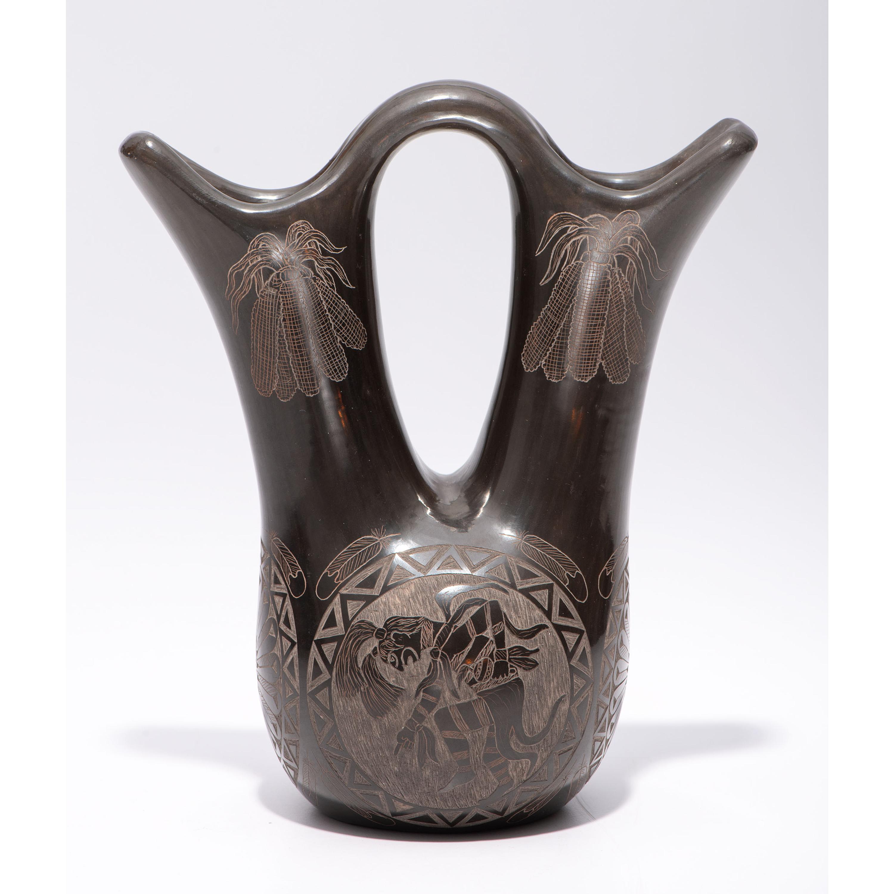 Award-Winning Pictorial Sgraffito Blackware Wedding Vase