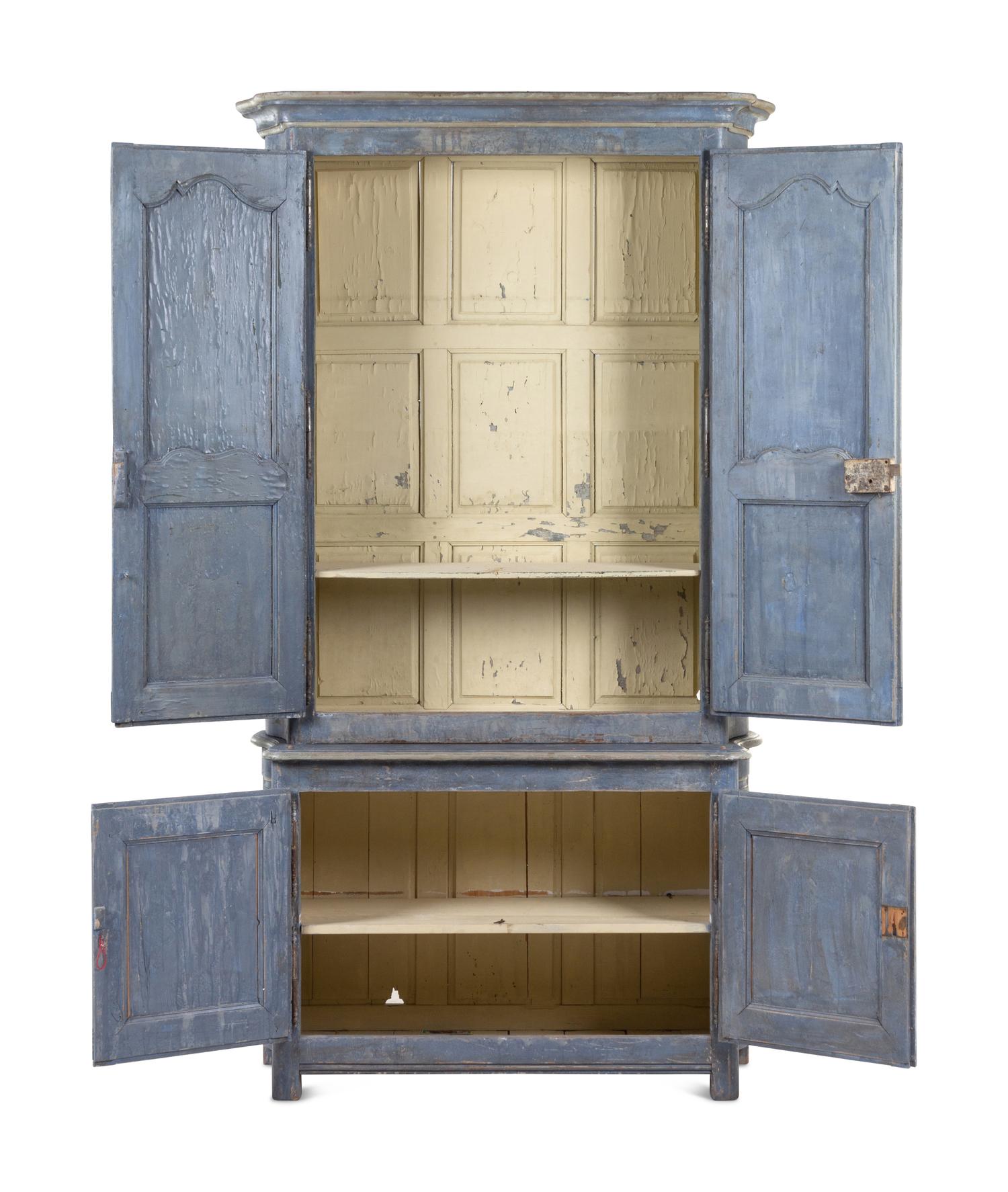 A French Blue-Painted Two-Part Cabinet