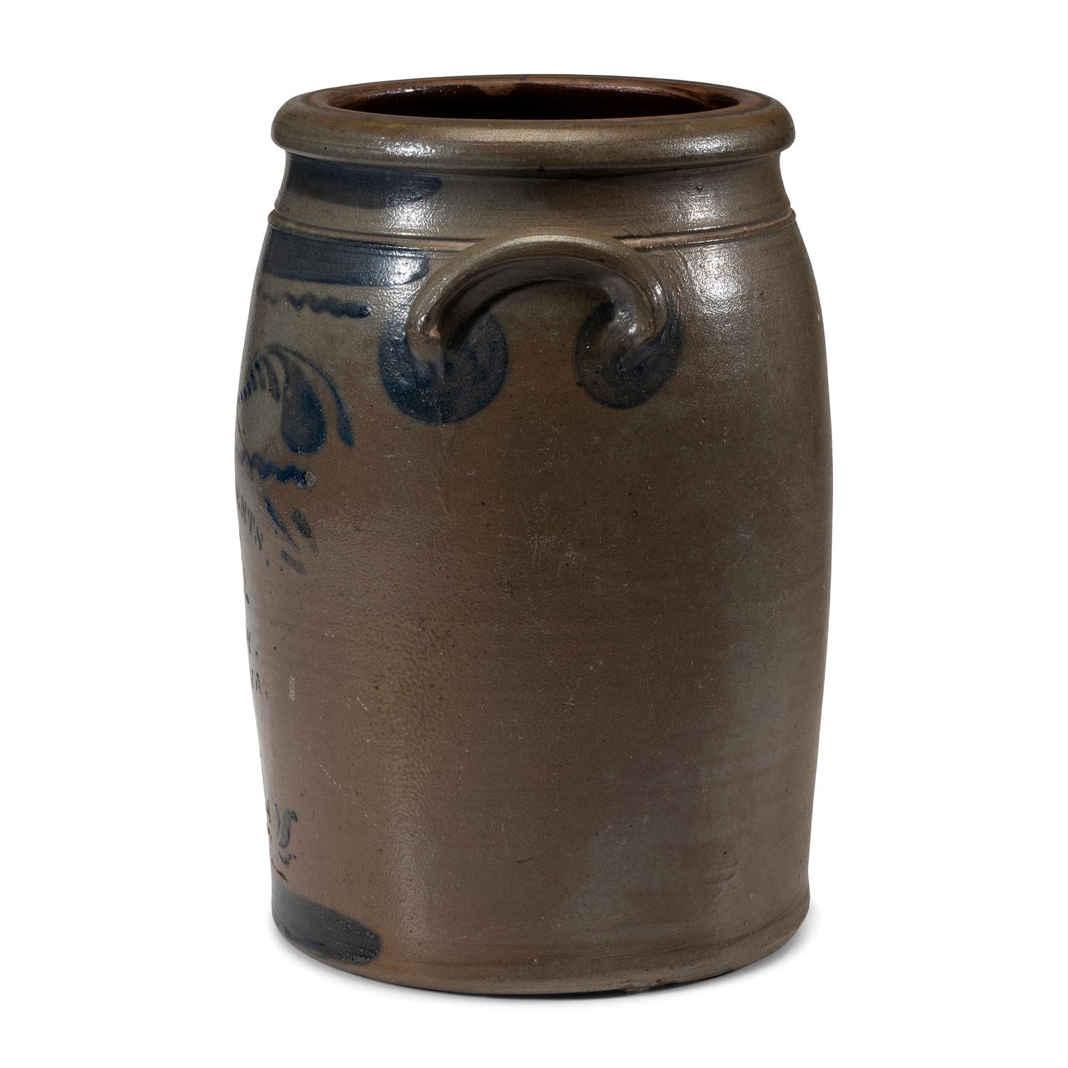 A Four-Gallon A.D. Clements Andy, West Virginia Cobalt and Stencil Decorated Stoneware Crock