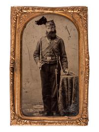 [CIVIL WAR]. CDV-sized ruby ambrotype standing portrait of a triple armed cavalryman with tentative attribution.