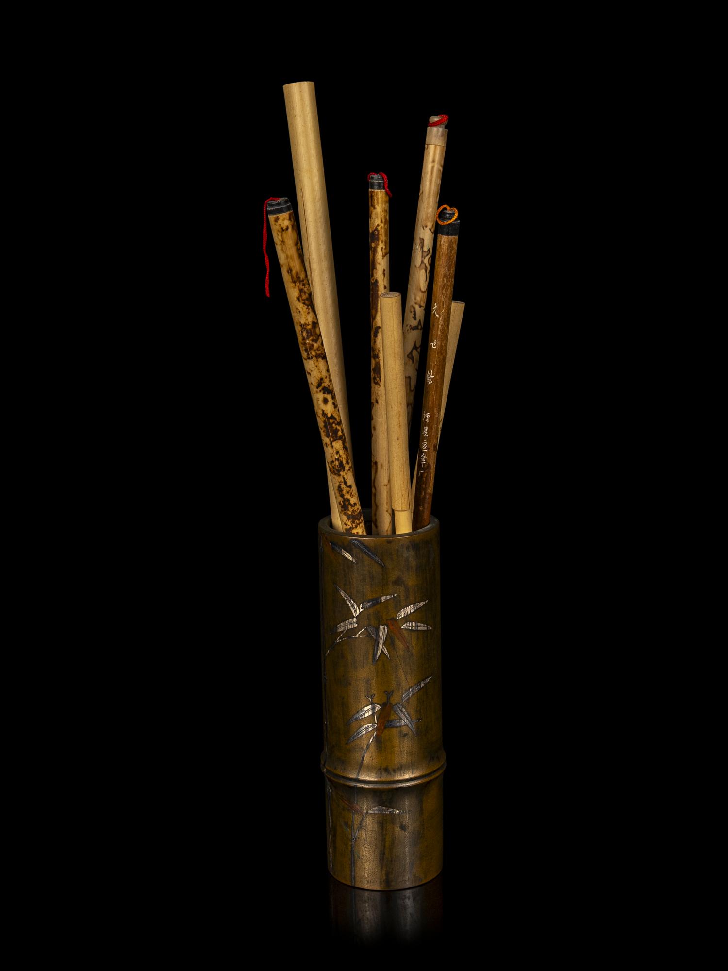 A Japanese Inlaid Bamboo-Form Brushpot