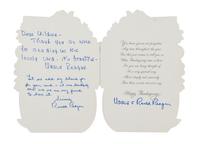 REAGAN, Ronald and Nancy REAGAN. Autographed notes twice signed ("Nancy Reagan" and "Ronald Reagan"), n.p., n.d.