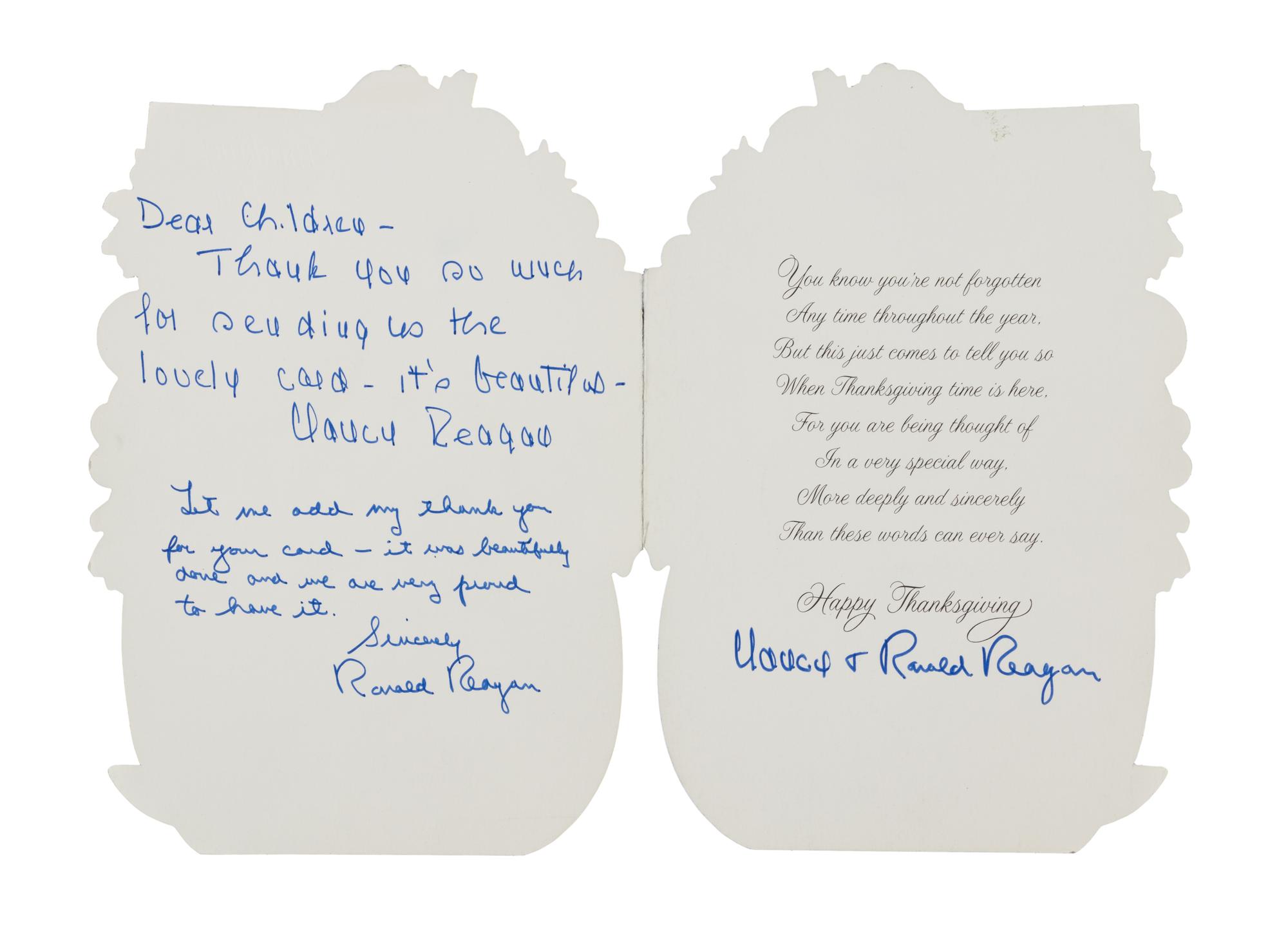 REAGAN, Ronald and Nancy REAGAN. Autographed notes twice signed ("Nancy Reagan" and "Ronald Reagan"), n.p., n.d.