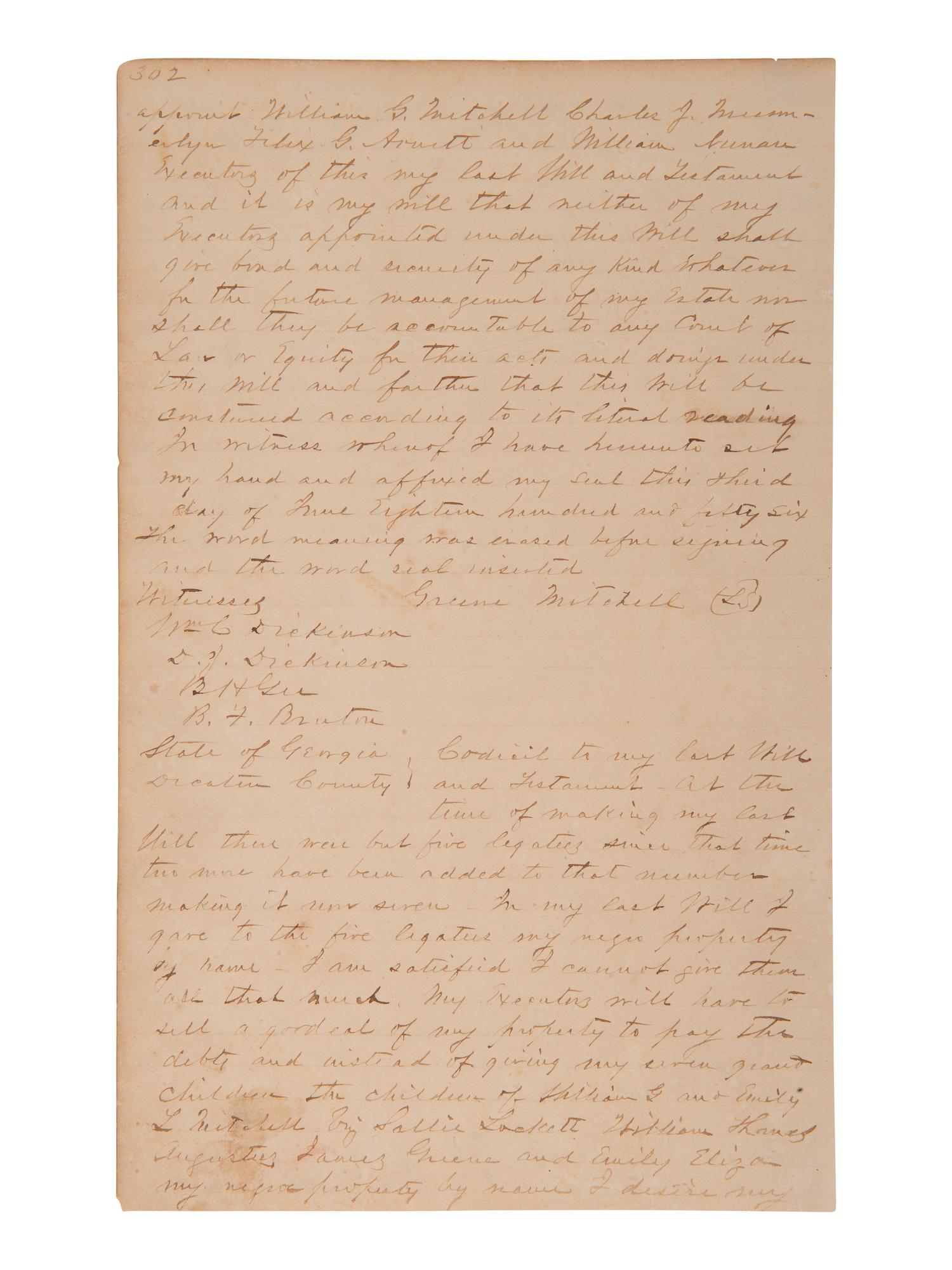 [ENSLAVEMENT]. 1853 will of Green Mitchell bequeathing 29 enslaved persons to family. Decatur, GA.
