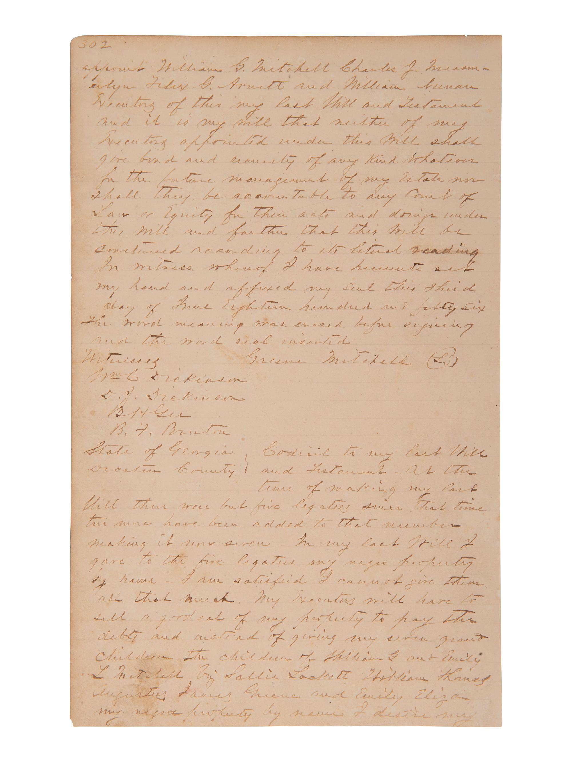 [ENSLAVEMENT]. 1853 will of Green Mitchell bequeathing 29 enslaved persons to family. Decatur, GA.