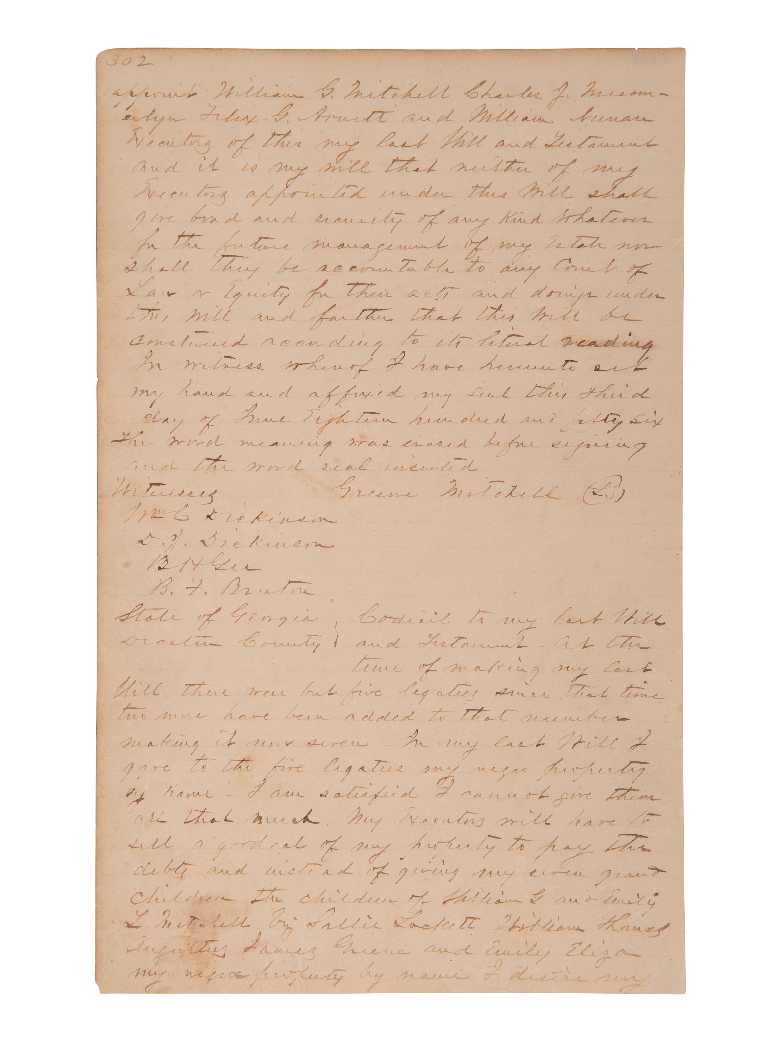 [ENSLAVEMENT]. 1853 will of Green Mitchell bequeathing 29 enslaved persons to family. Decatur, GA.