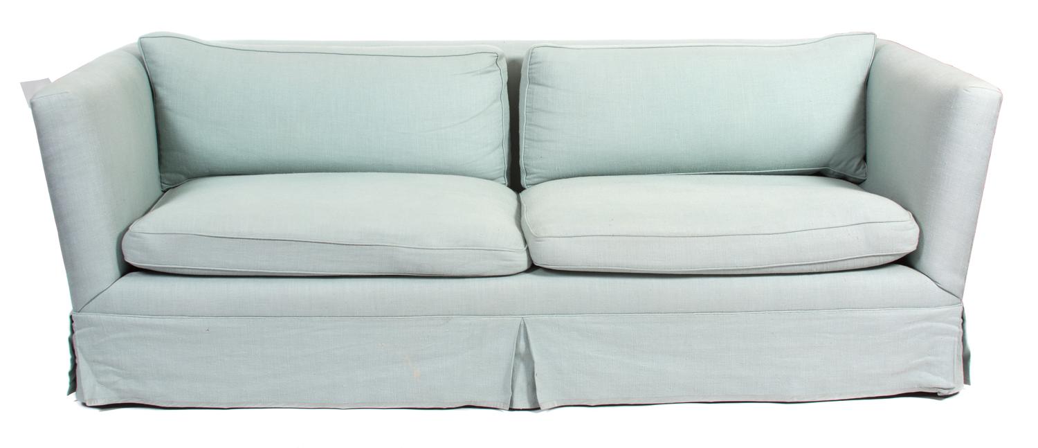 A Contemporary Blue Linen Upholstered Sofa Height 31 x length 90 inches. — 20TH CENTURY
