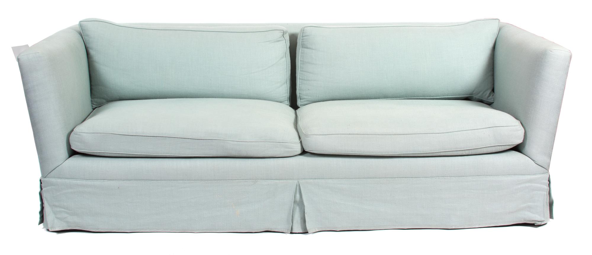 A Contemporary Blue Linen Upholstered Sofa Height 31 x length 90 inches. — 20TH CENTURY