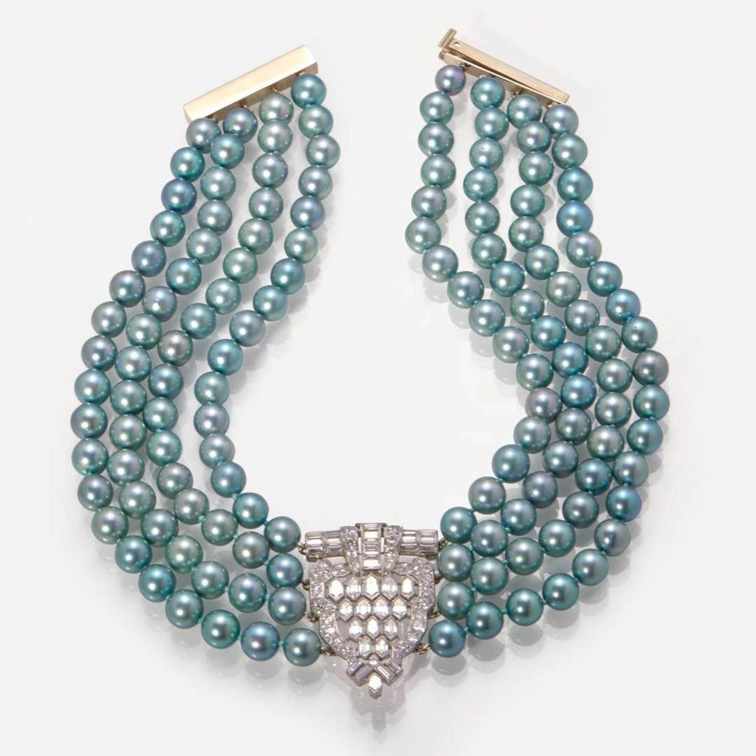 A Multi-Strand Blue Pearl and Diamond Necklace