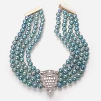 A Multi-Strand Blue Pearl and Diamond Necklace