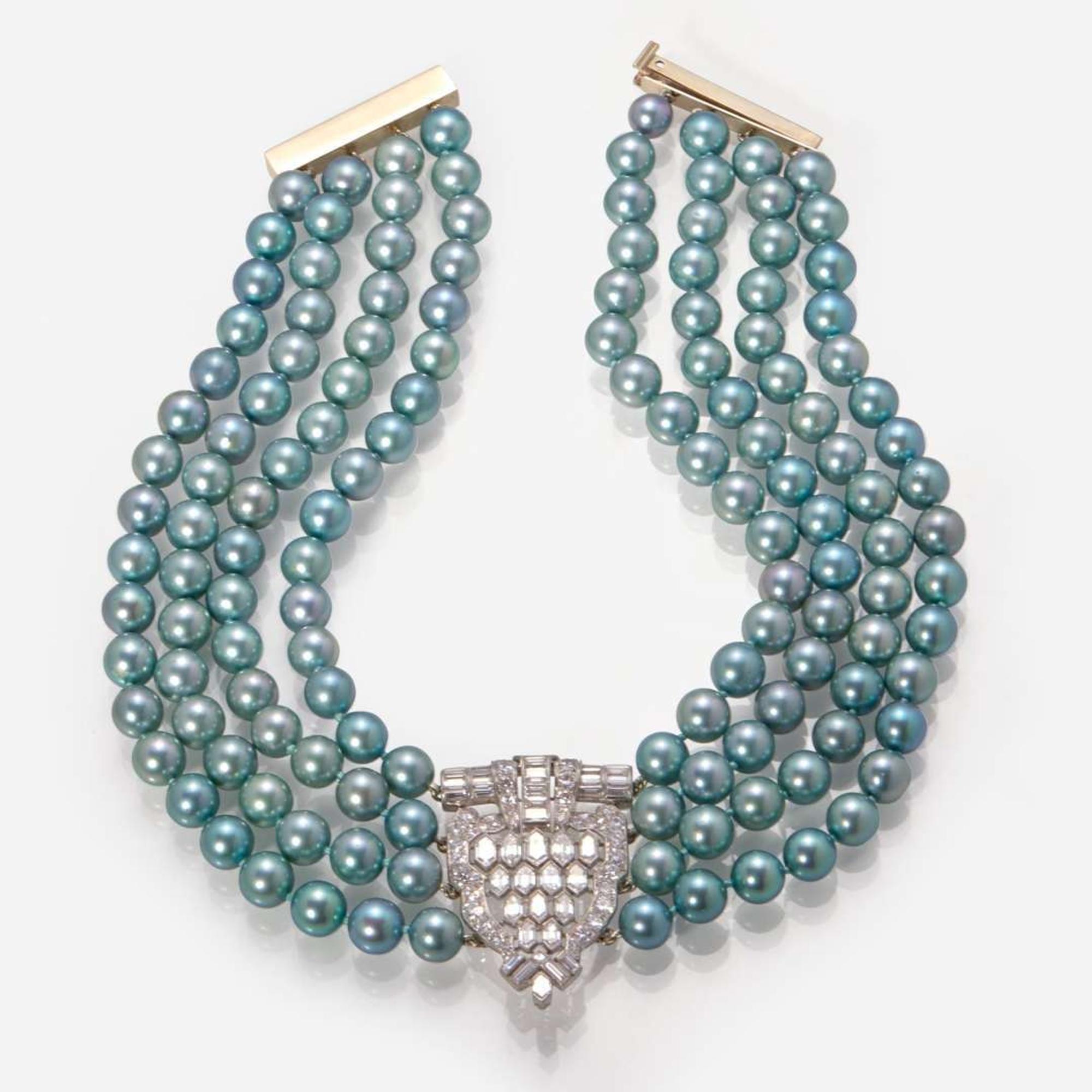 A Multi-Strand Blue Pearl and Diamond Necklace
