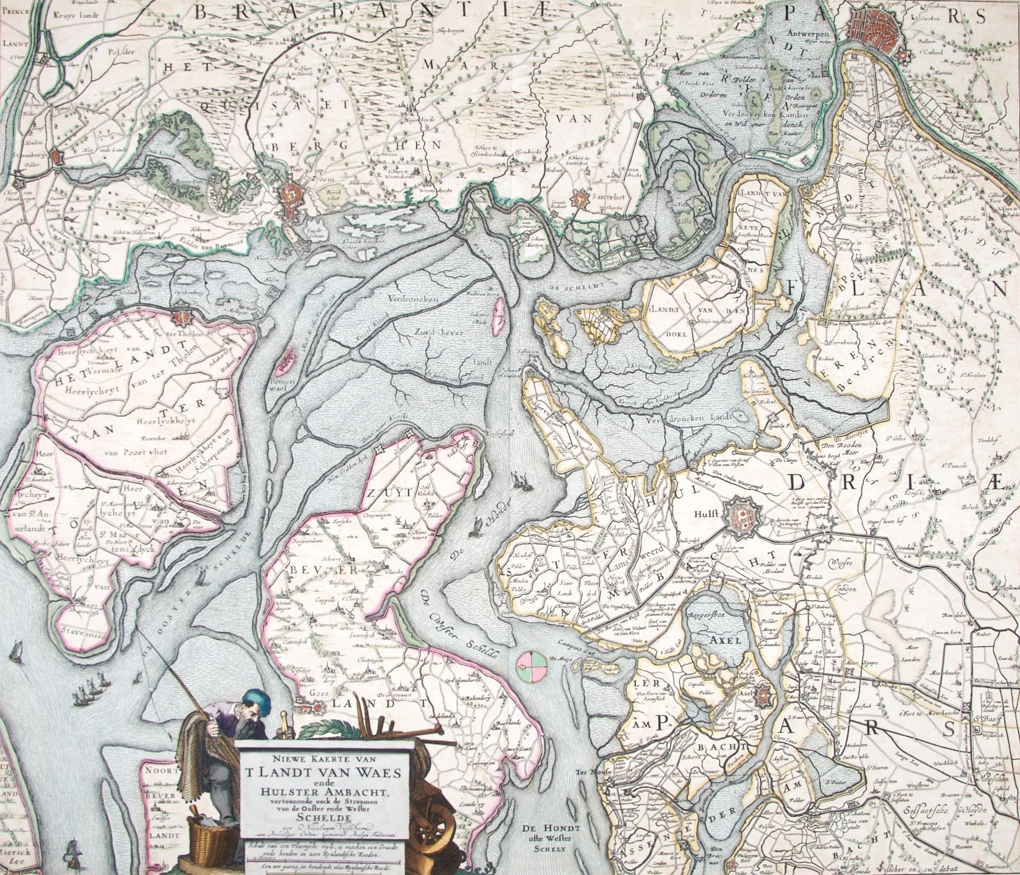 (MAP) VISSCHER, NICOLAS. Niewe Kaerte van T Landt van Waes Ende Hulster Ambacht... Schelde, n.d. (c. 1750).