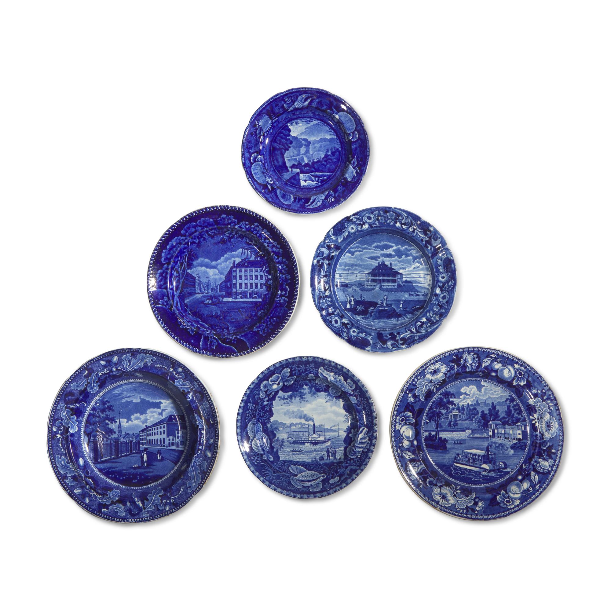 A Group of Six Staffordshire Historical Blue Table Articles