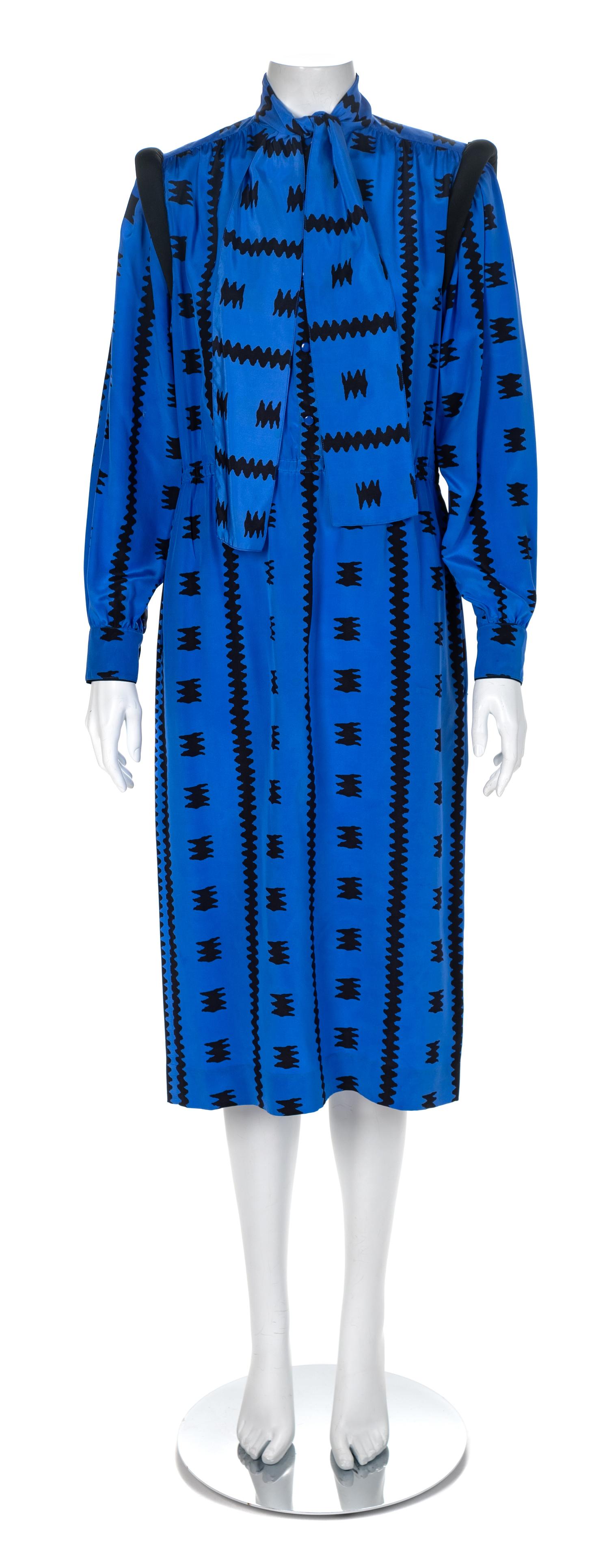 Balenciaga Blue Silk Print Dress, 1980s Size label: 38