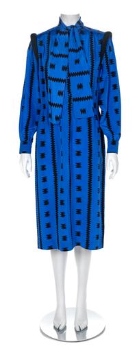 Balenciaga Blue Silk Print Dress, 1980s Size label: 38