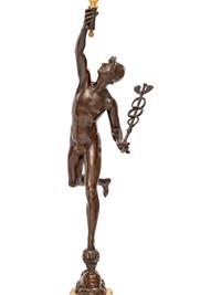 A Pair of Gilt and Patinated Bronze Figural Four-Light Candelabra