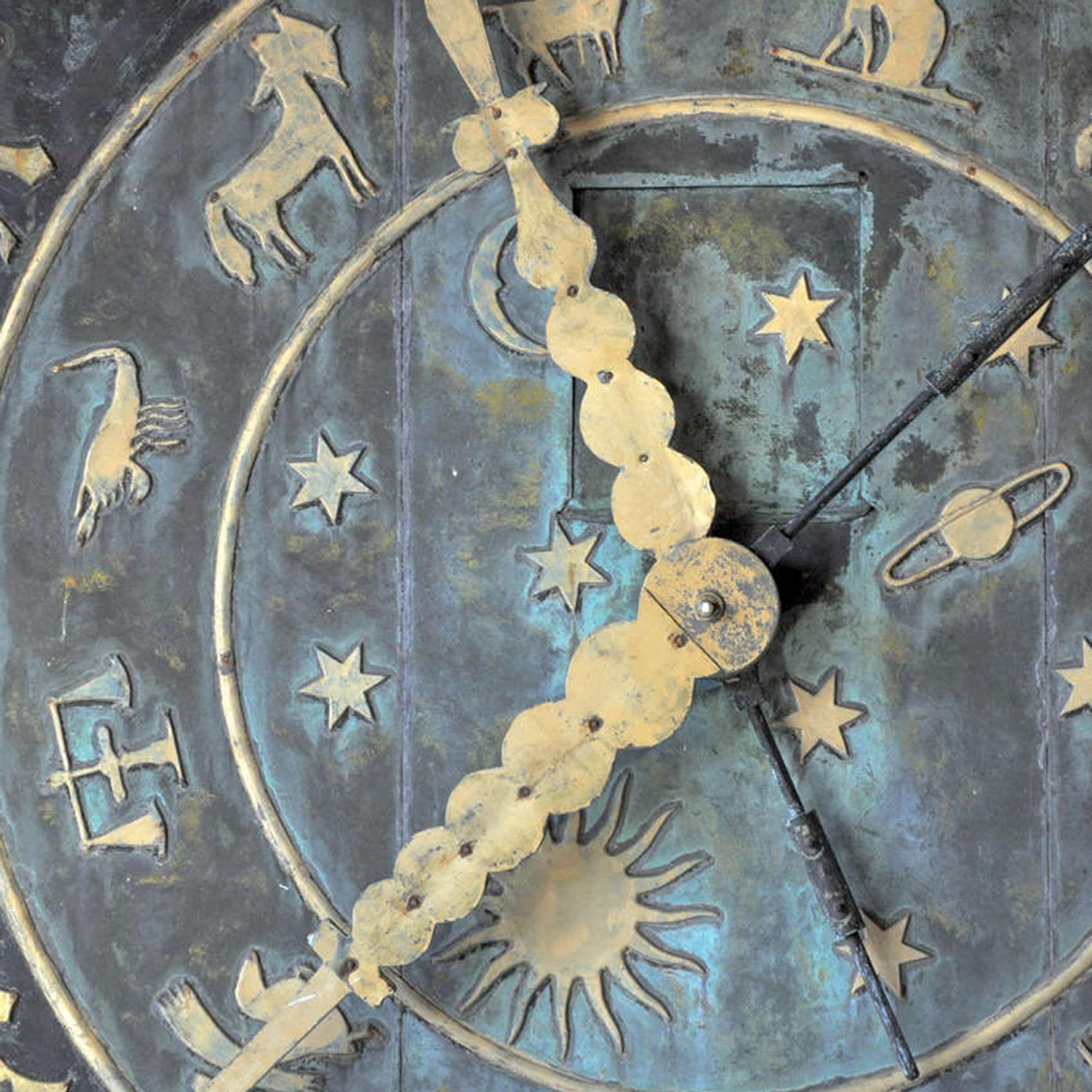 A Zinc Zodiac Clock Face from the Schlitz Brewery 90.5" W x 4.5" D x 90.5" H — United States, Late 19th Century