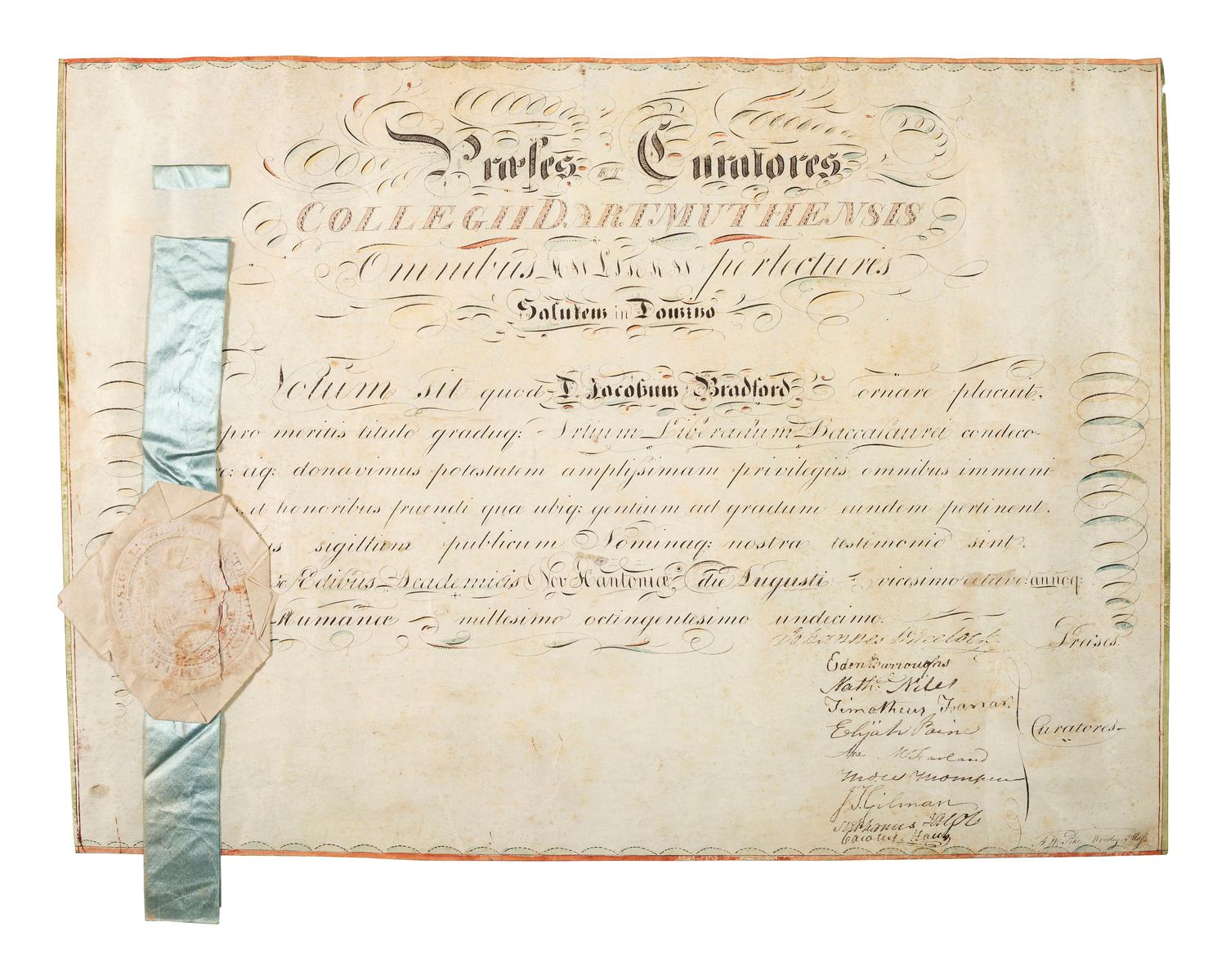 [NEW HAMPSHIRE]. Dartmouth College diploma, signed by prominent judges, 28 August 1811.
