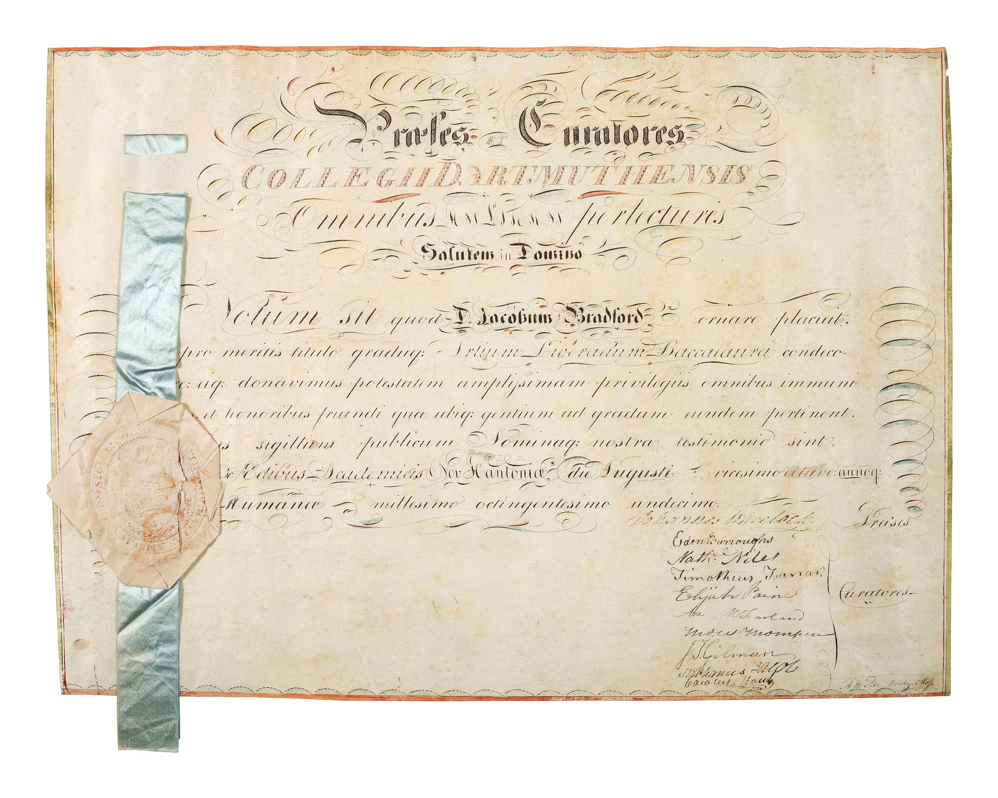 [NEW HAMPSHIRE]. Dartmouth College diploma, signed by prominent judges, 28 August 1811.