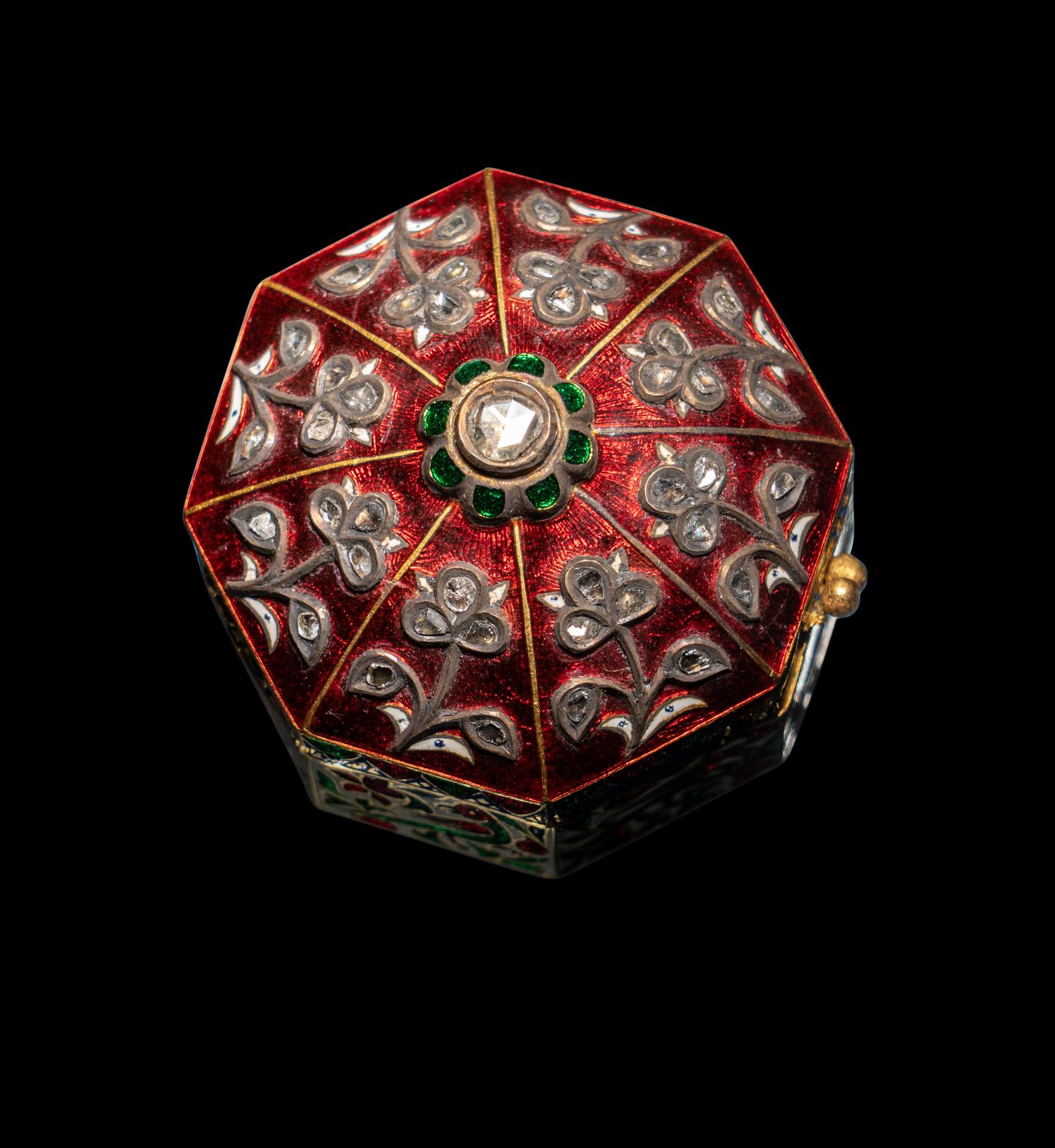 A Mughal Style Enameled Gold and Gem-Inset Snuff Box