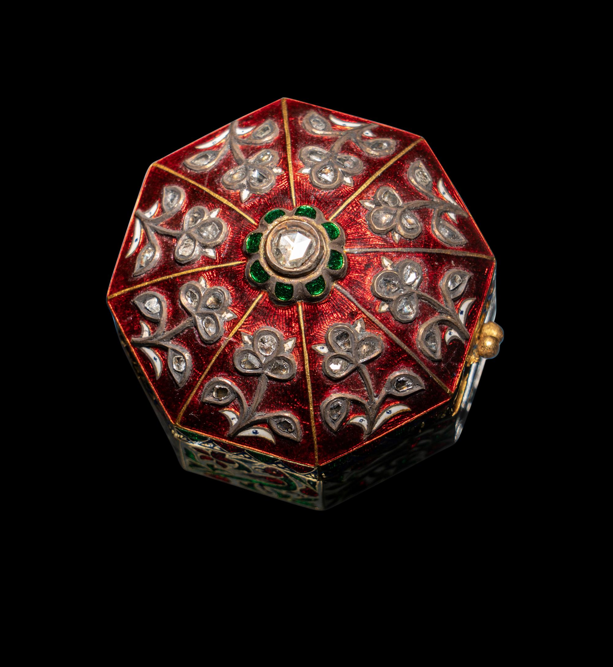 A Mughal Style Enameled Gold and Gem-Inset Snuff Box