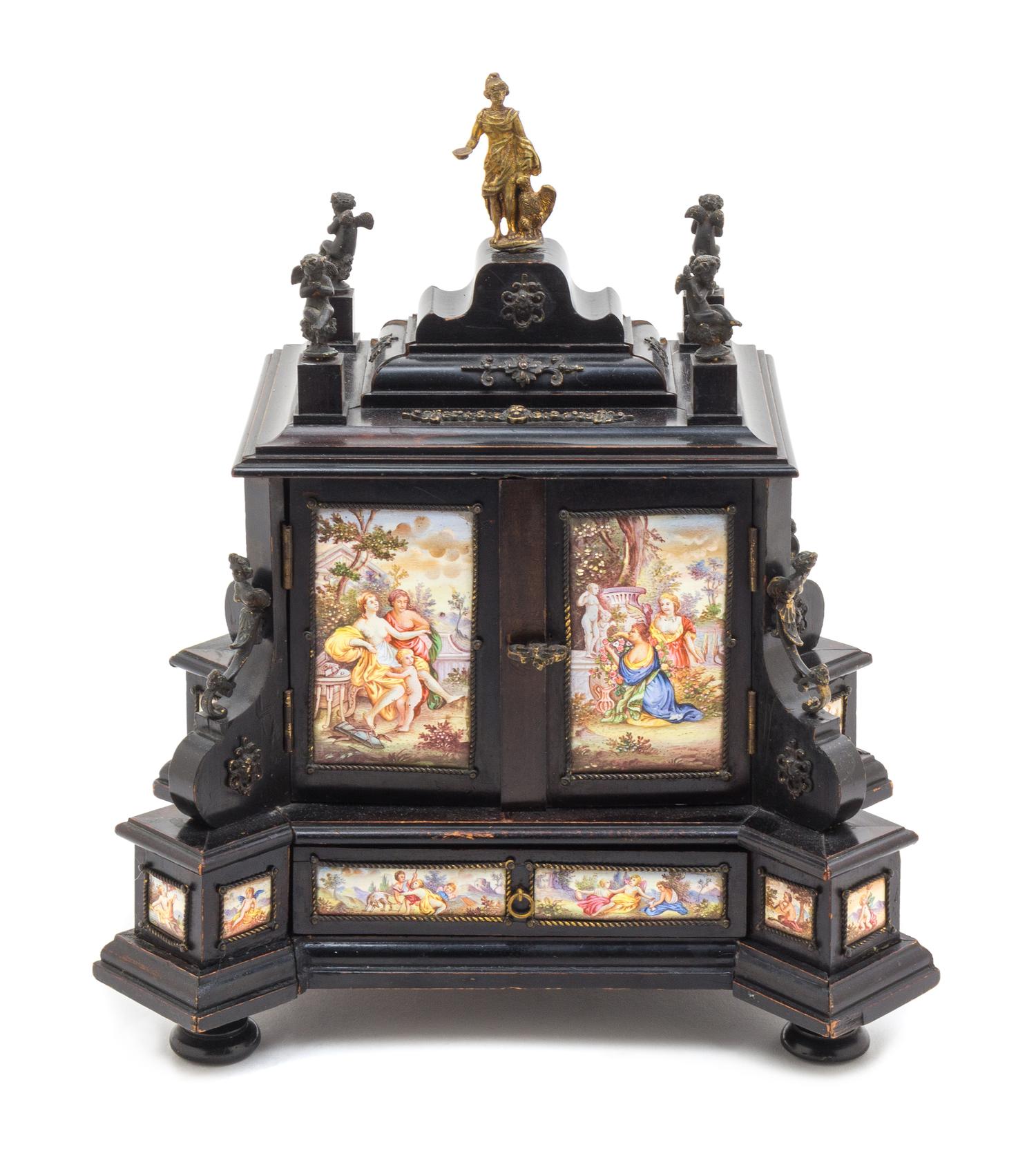 An Austrian Gilt Bronze Mounted Enameled and Ebonized Table Cabinet Height 11 1/4 x width 10 x depth 8 1/2 inches. — LATE 19TH CENTURY