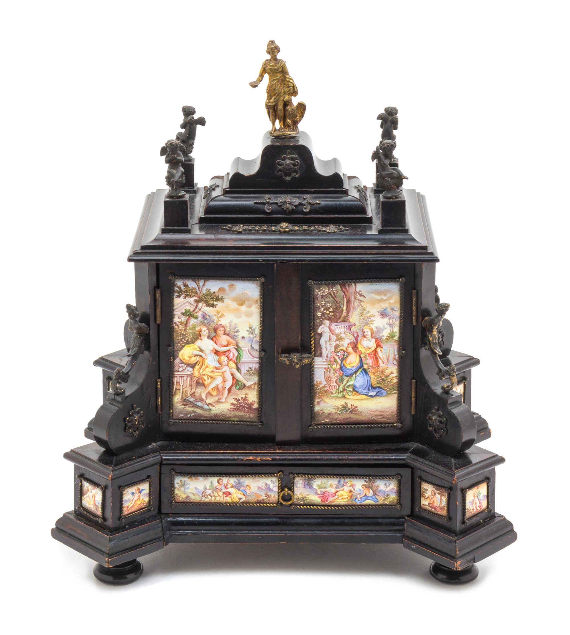 An Austrian Gilt Bronze Mounted Enameled and Ebonized Table Cabinet Height 11 1/4 x width 10 x depth 8 1/2 inches. — LATE 19TH CENTURY