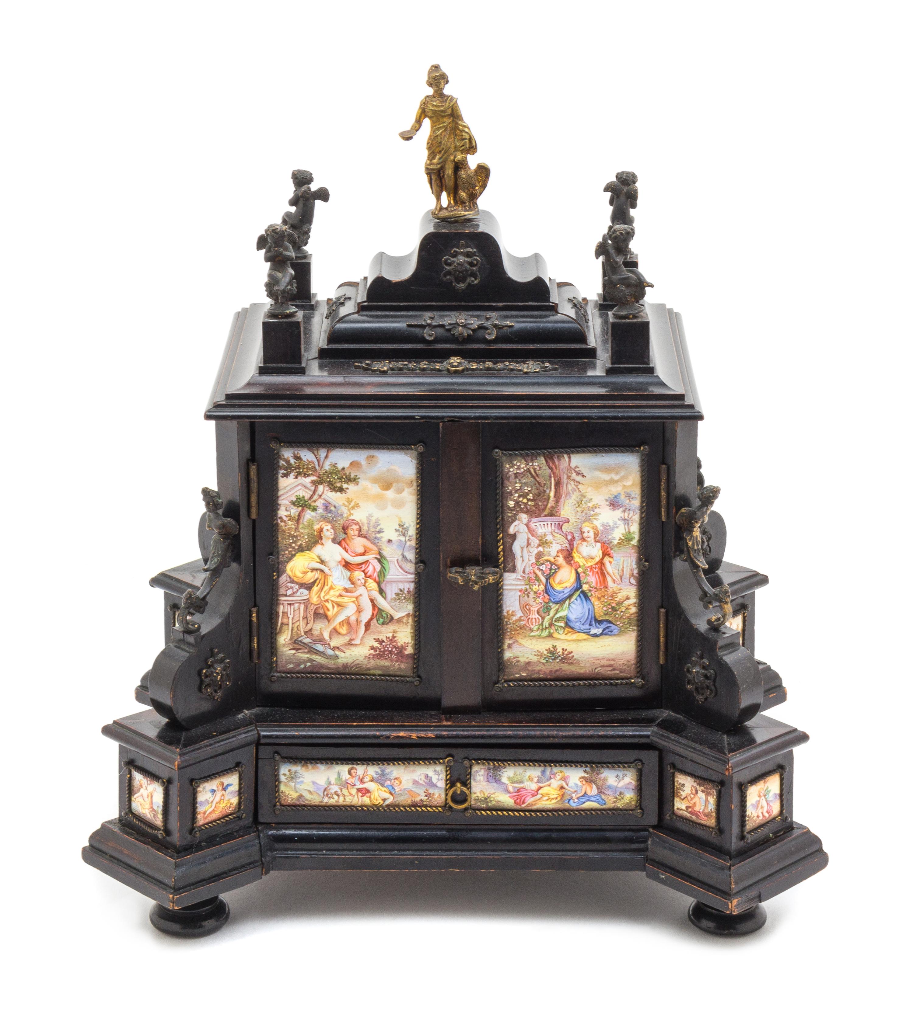 An Austrian Gilt Bronze Mounted Enameled and Ebonized Table Cabinet Height 11 1/4 x width 10 x depth 8 1/2 inches. — LATE 19TH CENTURY