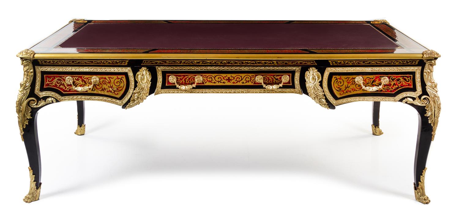 A Napoleon III Style Gilt Bronze Mounted Faux Boulle Marquetry Bureau Plat Height 33 1/2 x depth 42 1/2 inches. — 20TH CENTURY