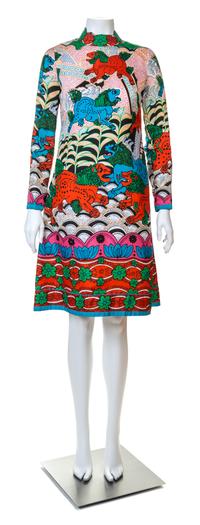 A Tina Leser Multicolor Silk Dress and Red Wool Vest, No size.
