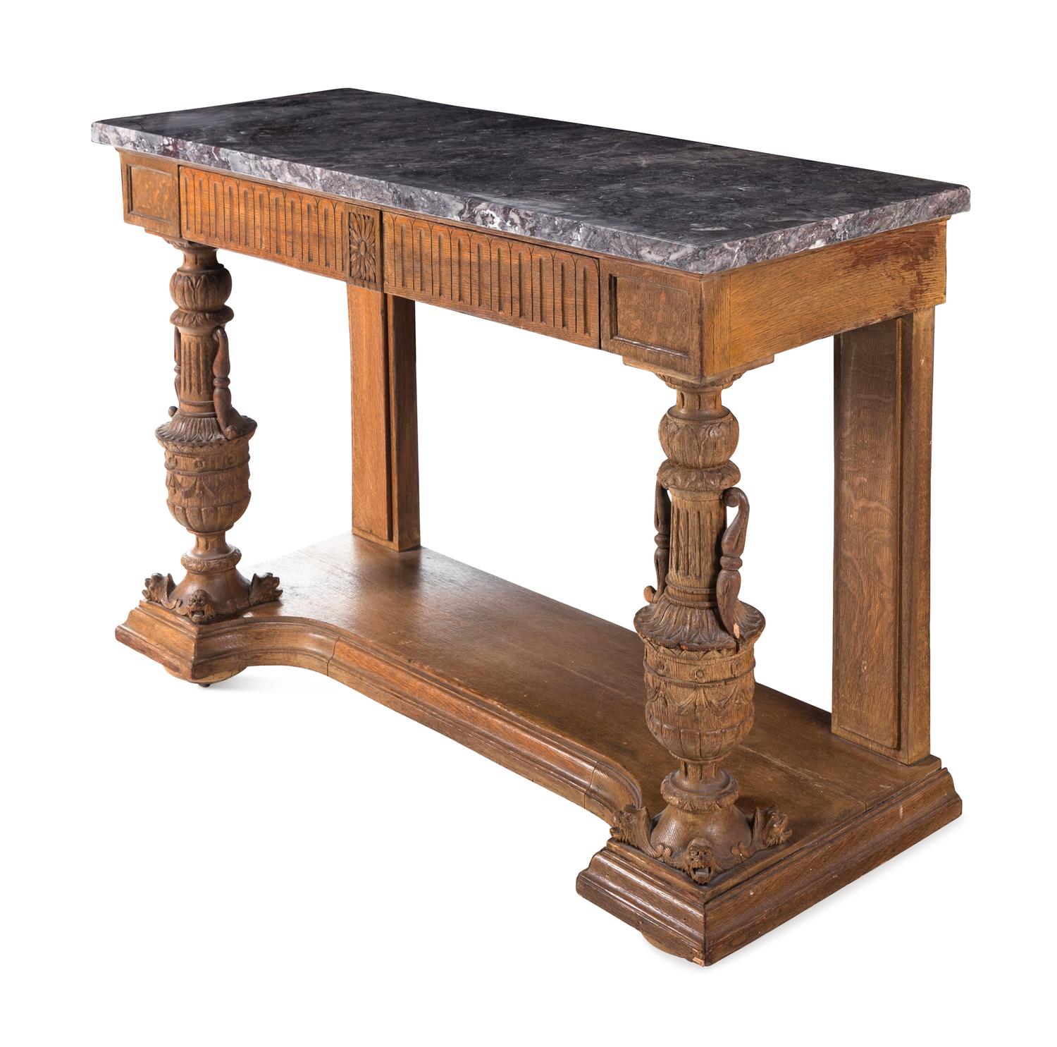 A Belgian Carved Oak Marble-Top Pier Table