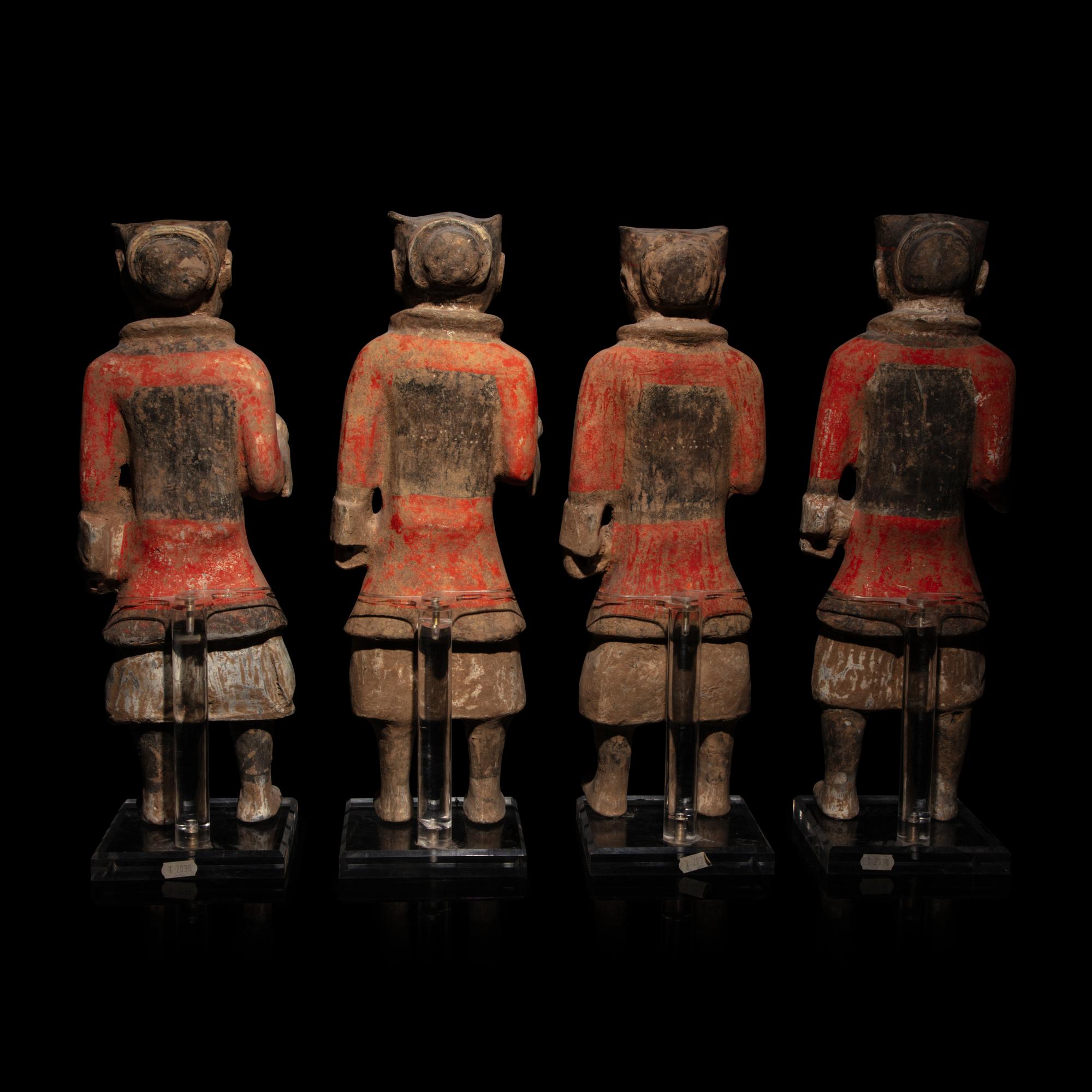 Four Chinese Painted Pottery Soldiers, Han Dynasty — 漢 彩繪步兵陶俑四件