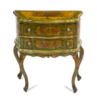 A Venetian Painted Diminutive Commode, Height 30 x width 27 1/2 x depth 14 inches.