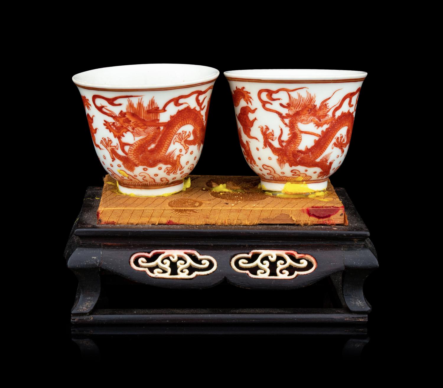 A Pair of Chinese Iron Red Decorated Porcelain 'Dragon' Wine Cups