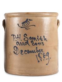 An Ohio Cobalt Script-Painted Five Gallon Stoneware Crock