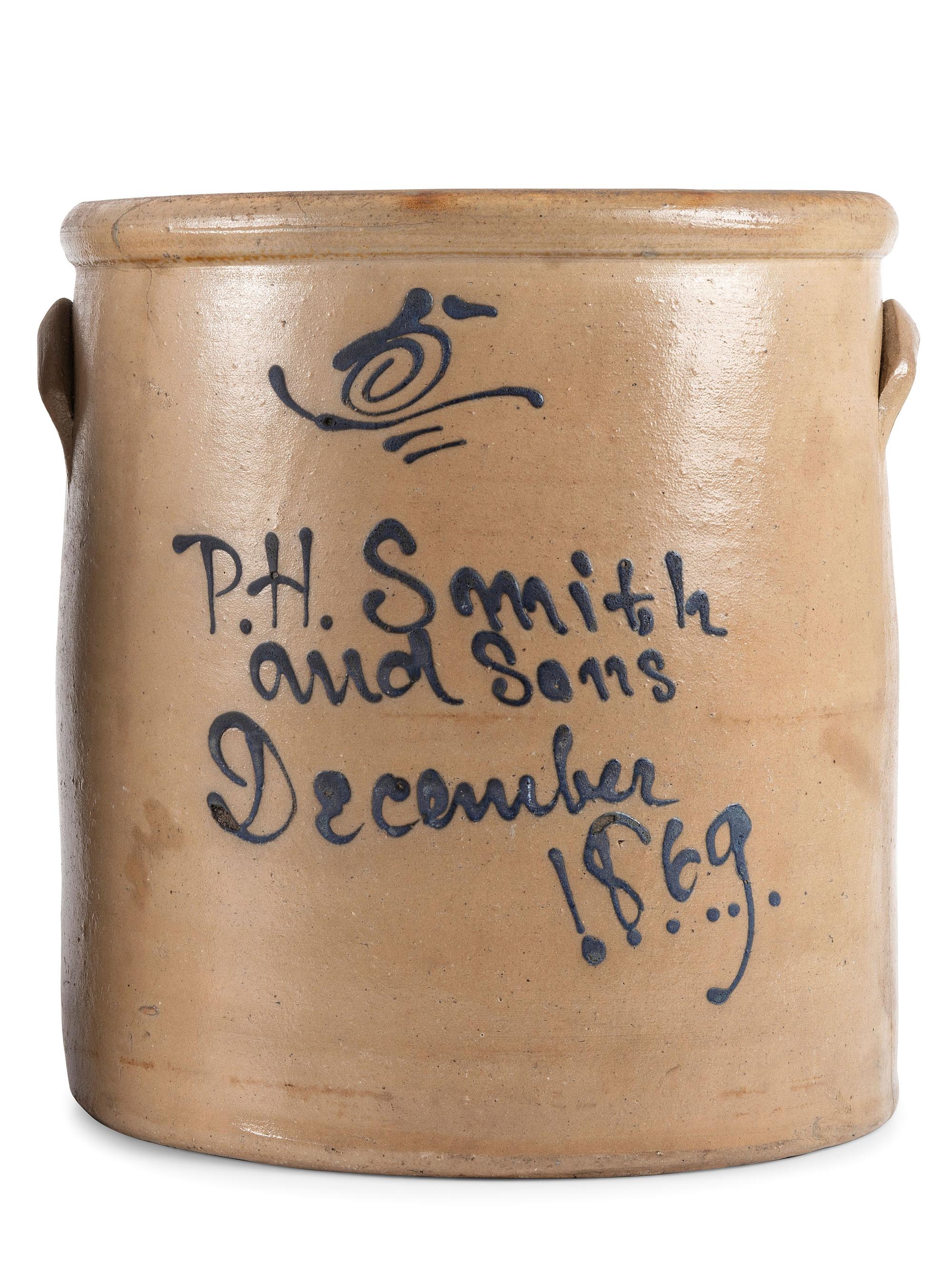 An Ohio Cobalt Script-Painted Five Gallon Stoneware Crock