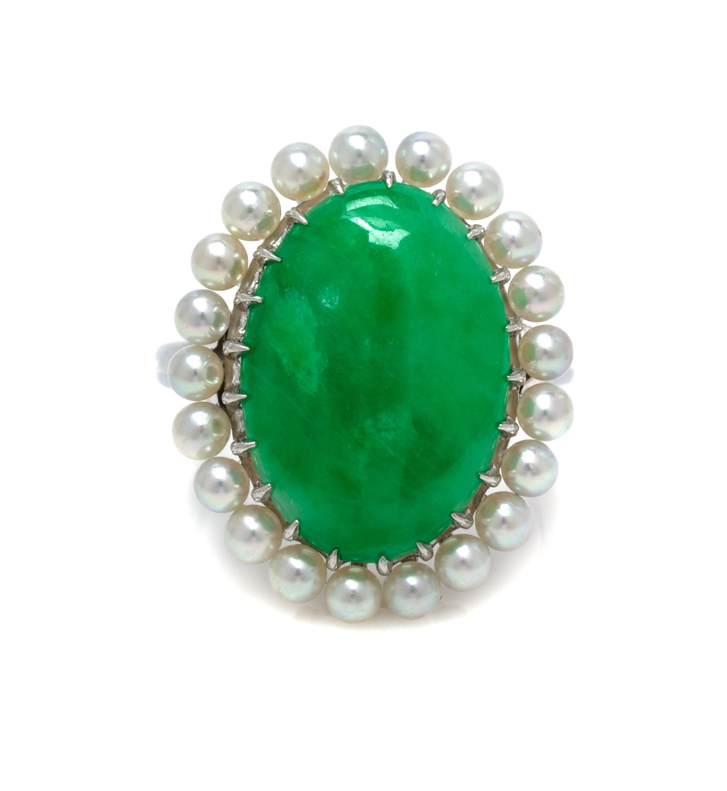 A Platinum, Jadeite Jade and Cultured Pearl Ring, 7.30 dwts.
