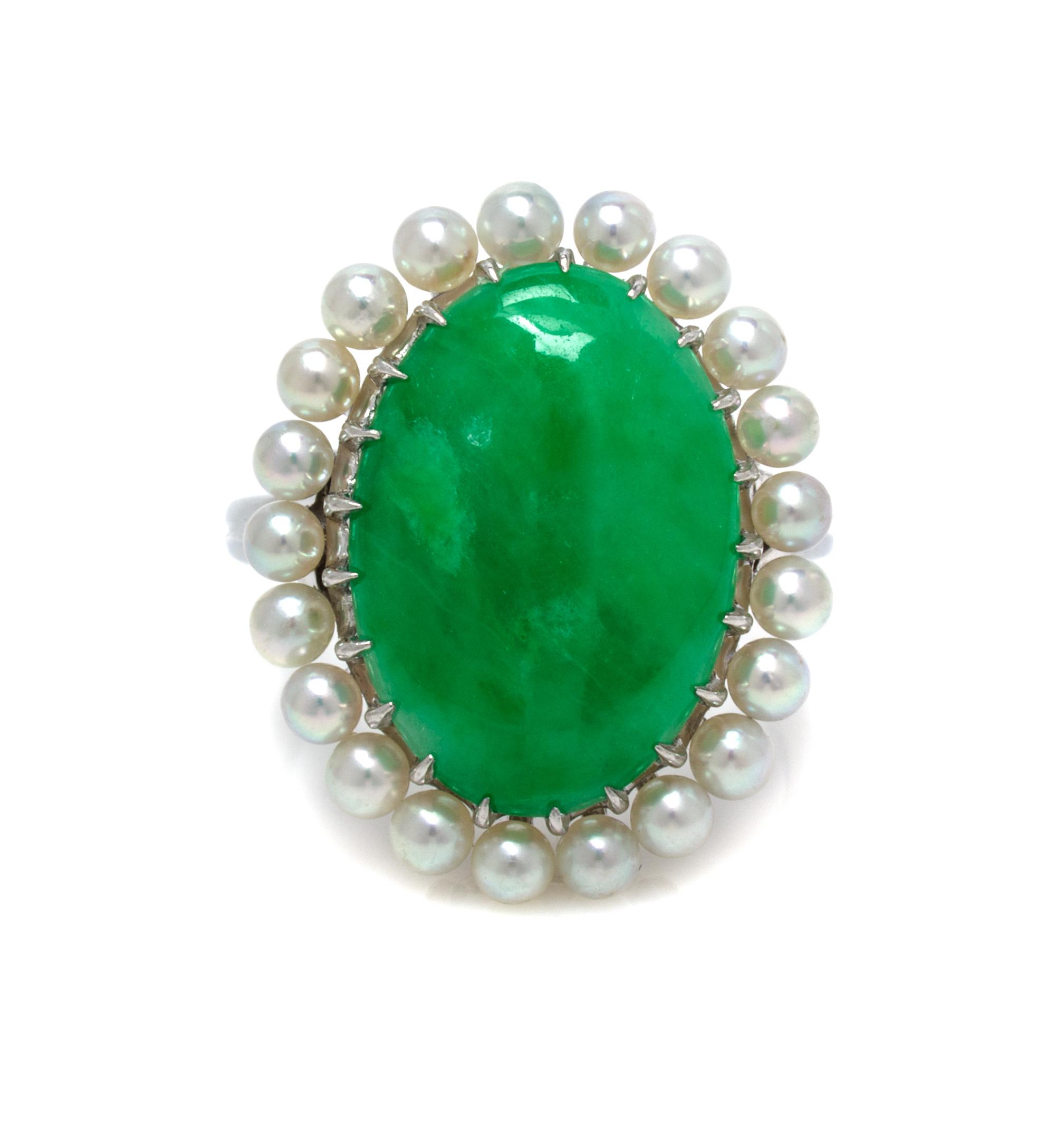 A Platinum, Jadeite Jade and Cultured Pearl Ring, 7.30 dwts.