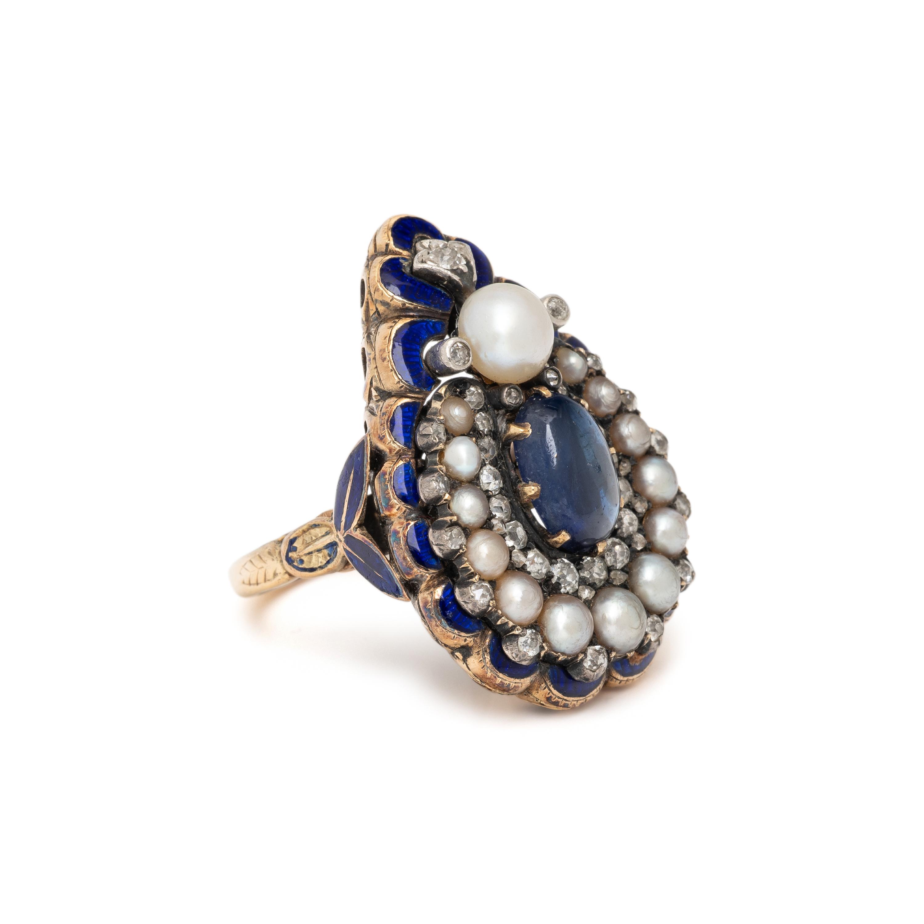 ANTIQUE, SAPPHIRE, DIAMOND, CULTURED PEARL AND ENAMEL RING