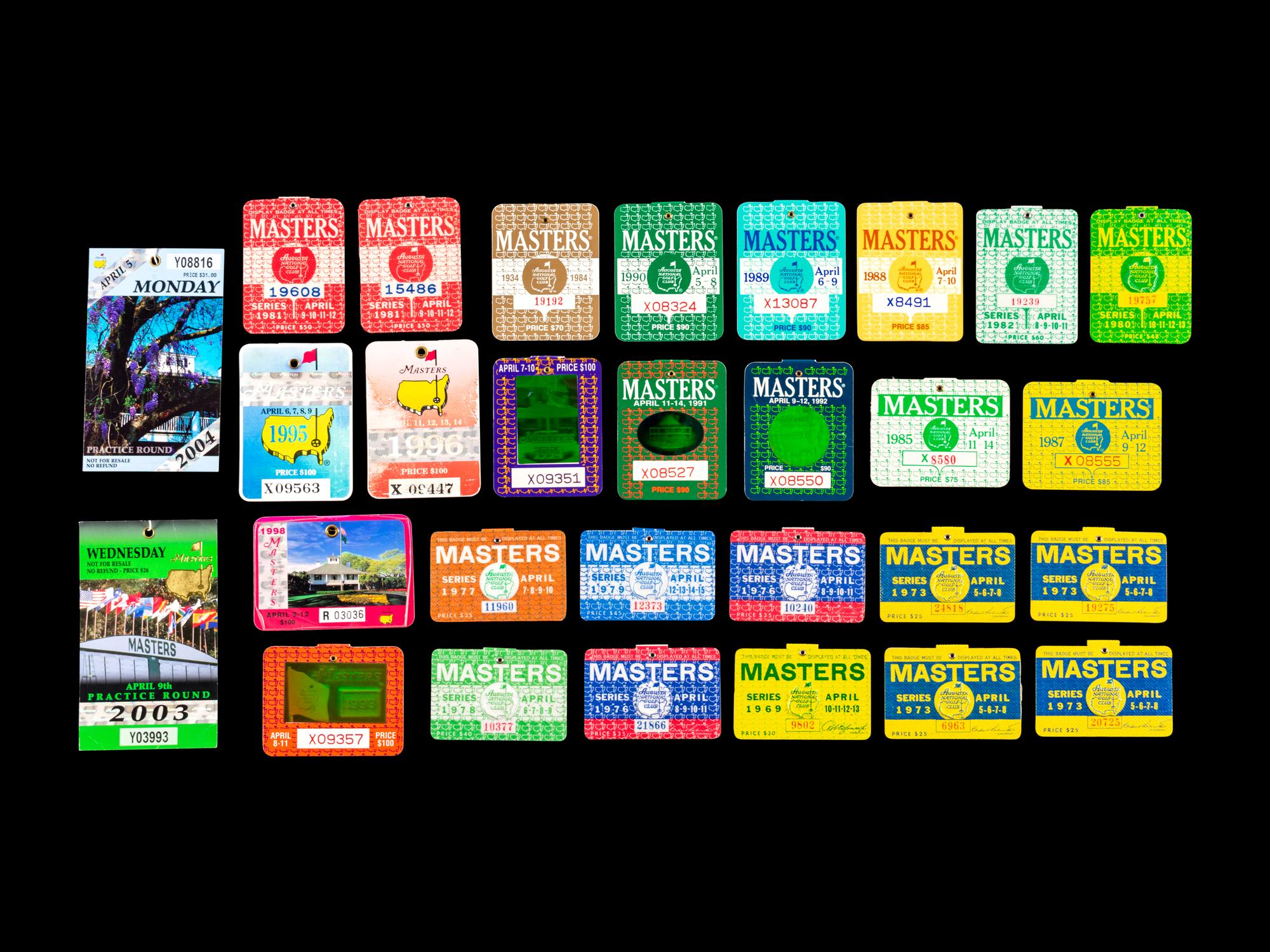 A Group of 29 1960s-2000s Masters Golf Tournament Augusta National Badges Including Tiger Woods' First Appearance