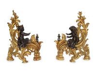 A Pair of Louis XV Style Gilt and Patinated Bronze Chenets