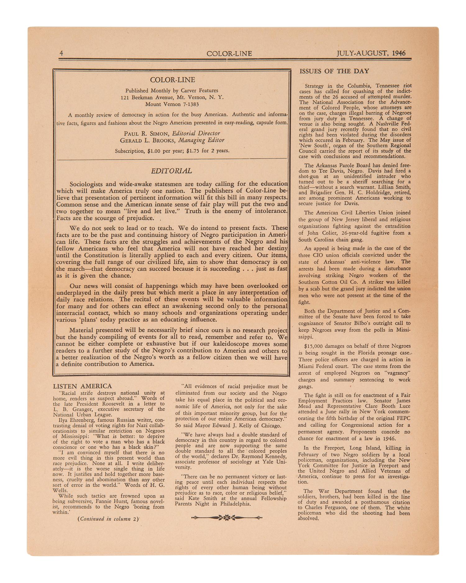[PERIODICALS]. First 2 issues of Color Line , an African American monthly publication.