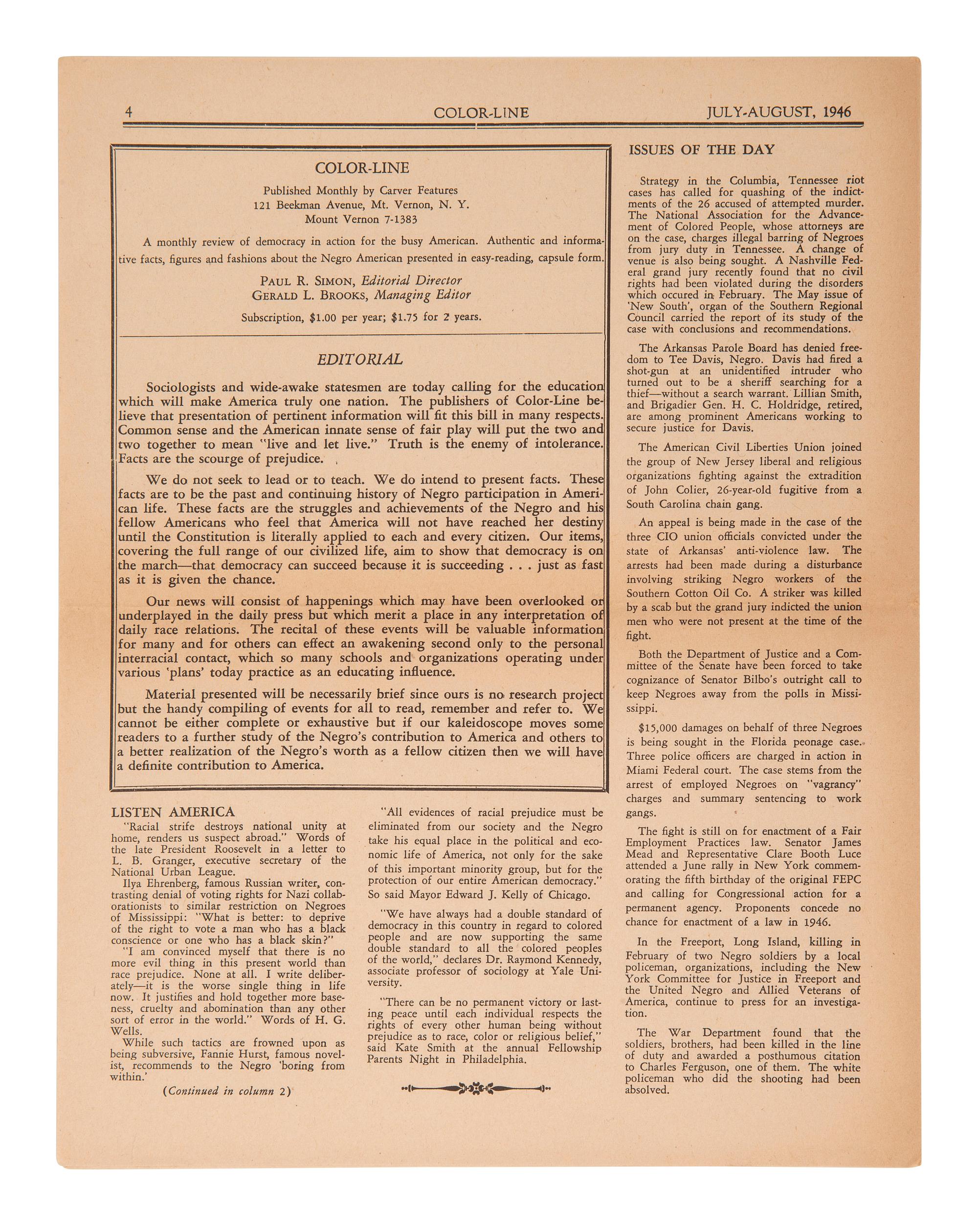 [PERIODICALS]. First 2 issues of Color Line , an African American monthly publication.