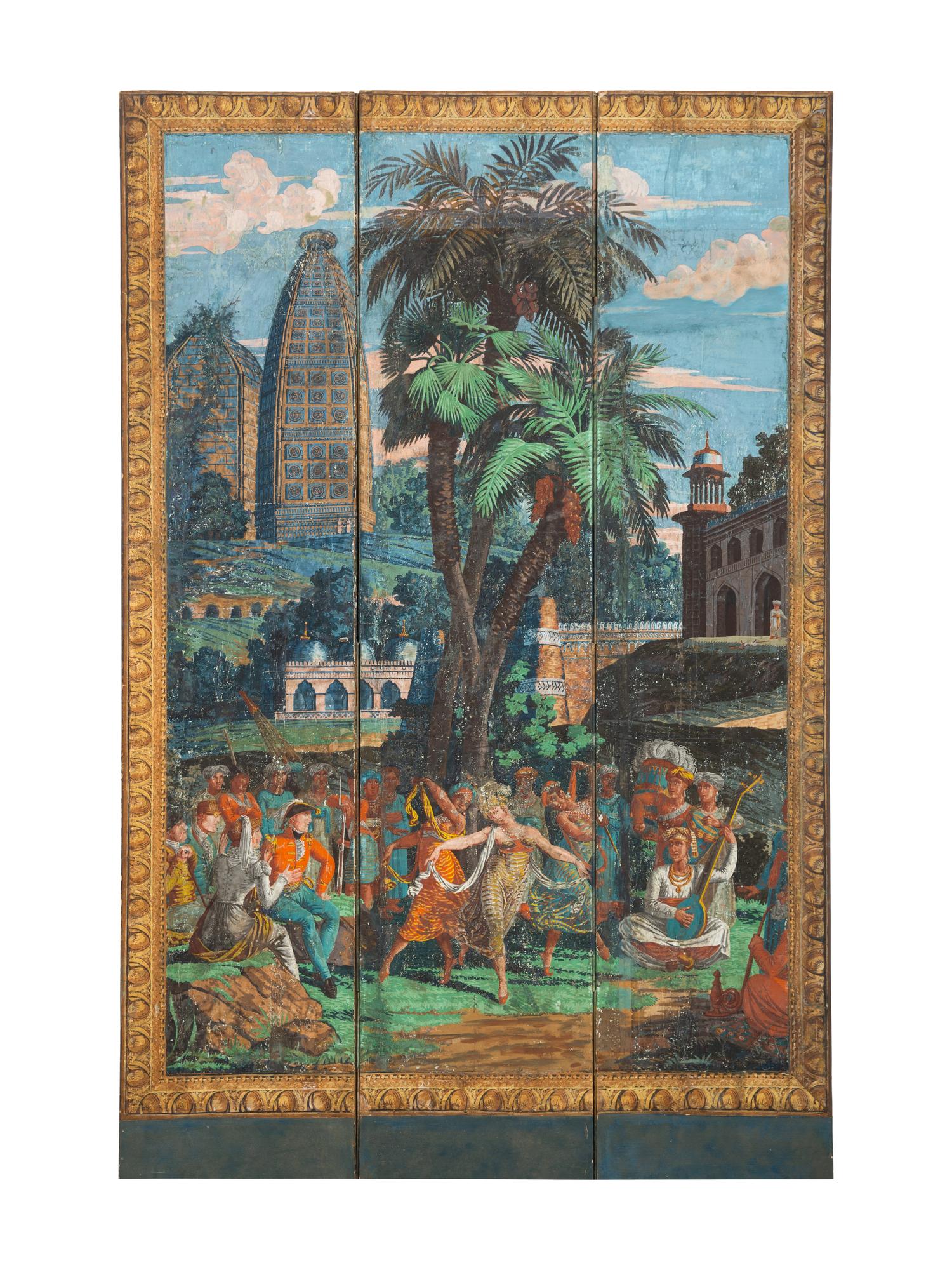 A Pair of French Scenic Wallpaper Three-Panel Screens, Grande Chasse au Tigre dans l'Inde (The Tiger Hunt)
