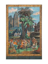 A Pair of French Scenic Wallpaper Three-Panel Screens, Grande Chasse au Tigre dans l'Inde (The Tiger Hunt)