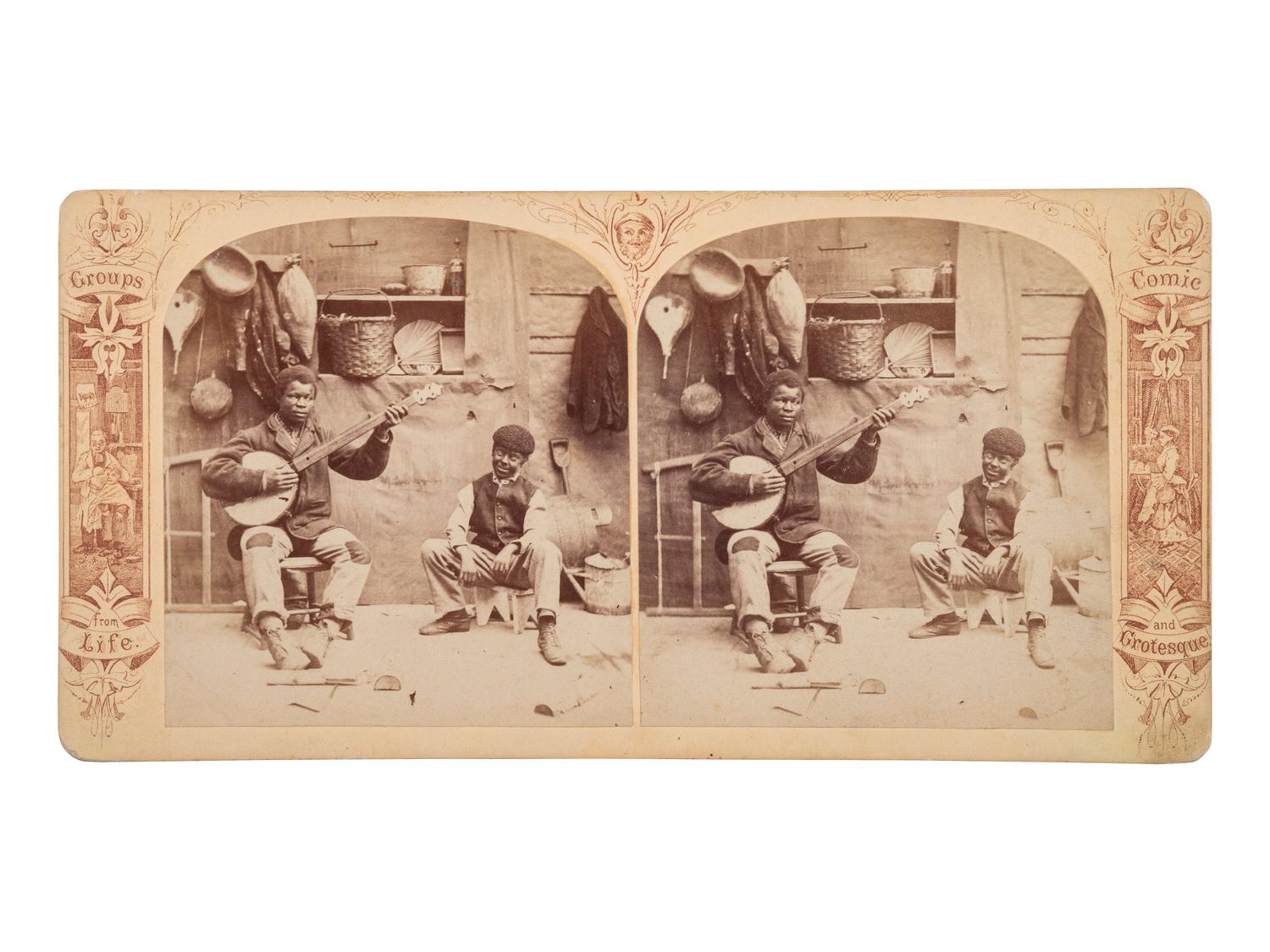 [EARLY PHOTOGRAPHY] -- [RECONSTRUCTION]. Stereoview of an African American subject paying a banjo.