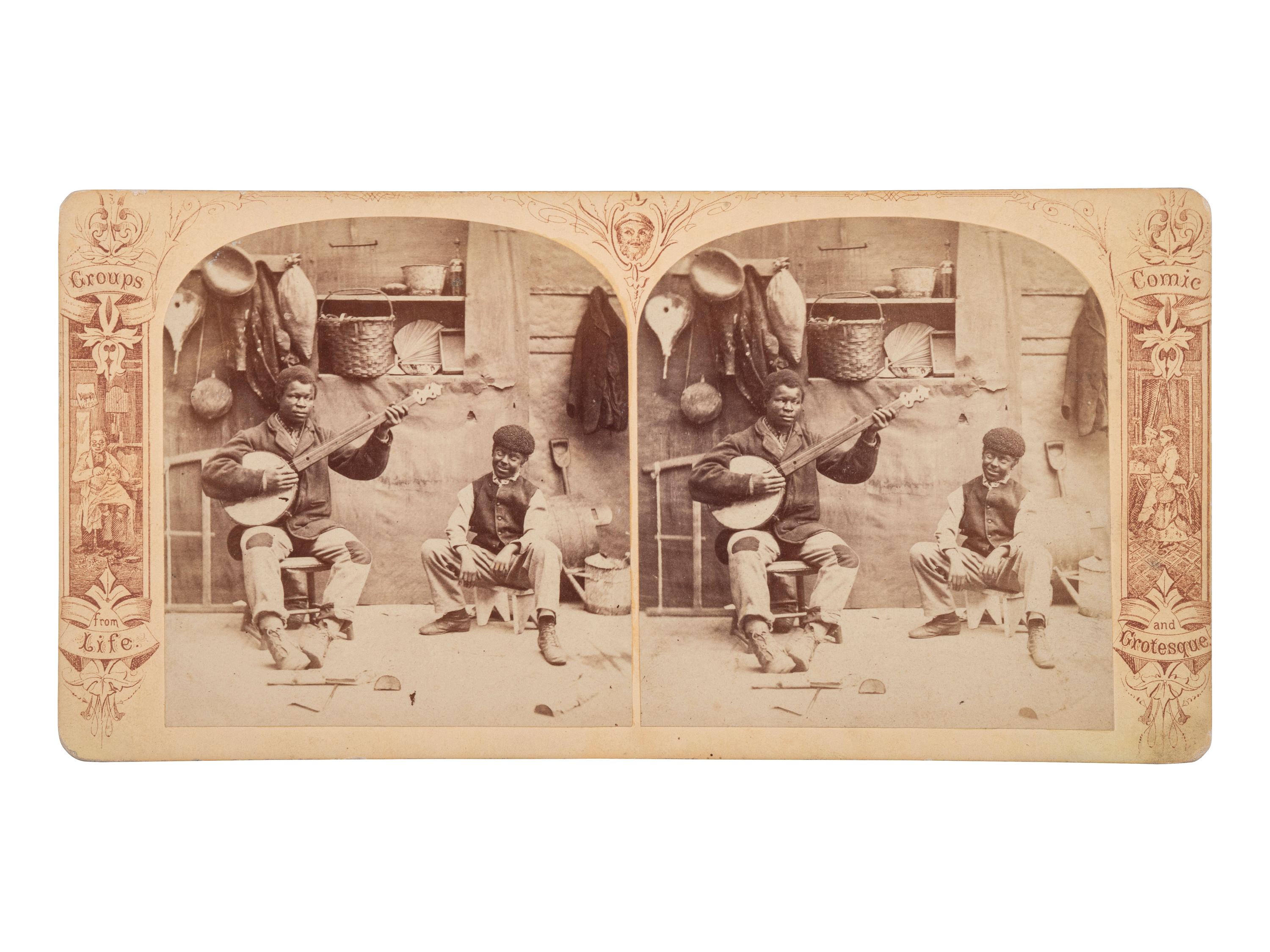 [EARLY PHOTOGRAPHY] -- [RECONSTRUCTION]. Stereoview of an African American subject paying a banjo.