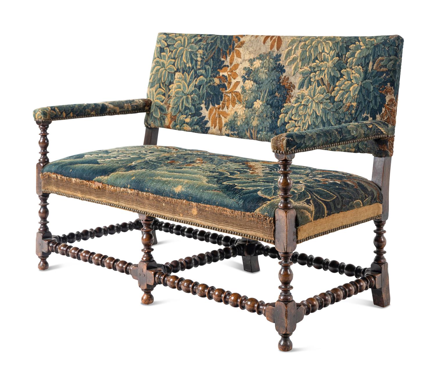 A William and Mary Style Turned Walnut Aubusson Tapestry-Upholstered Bench