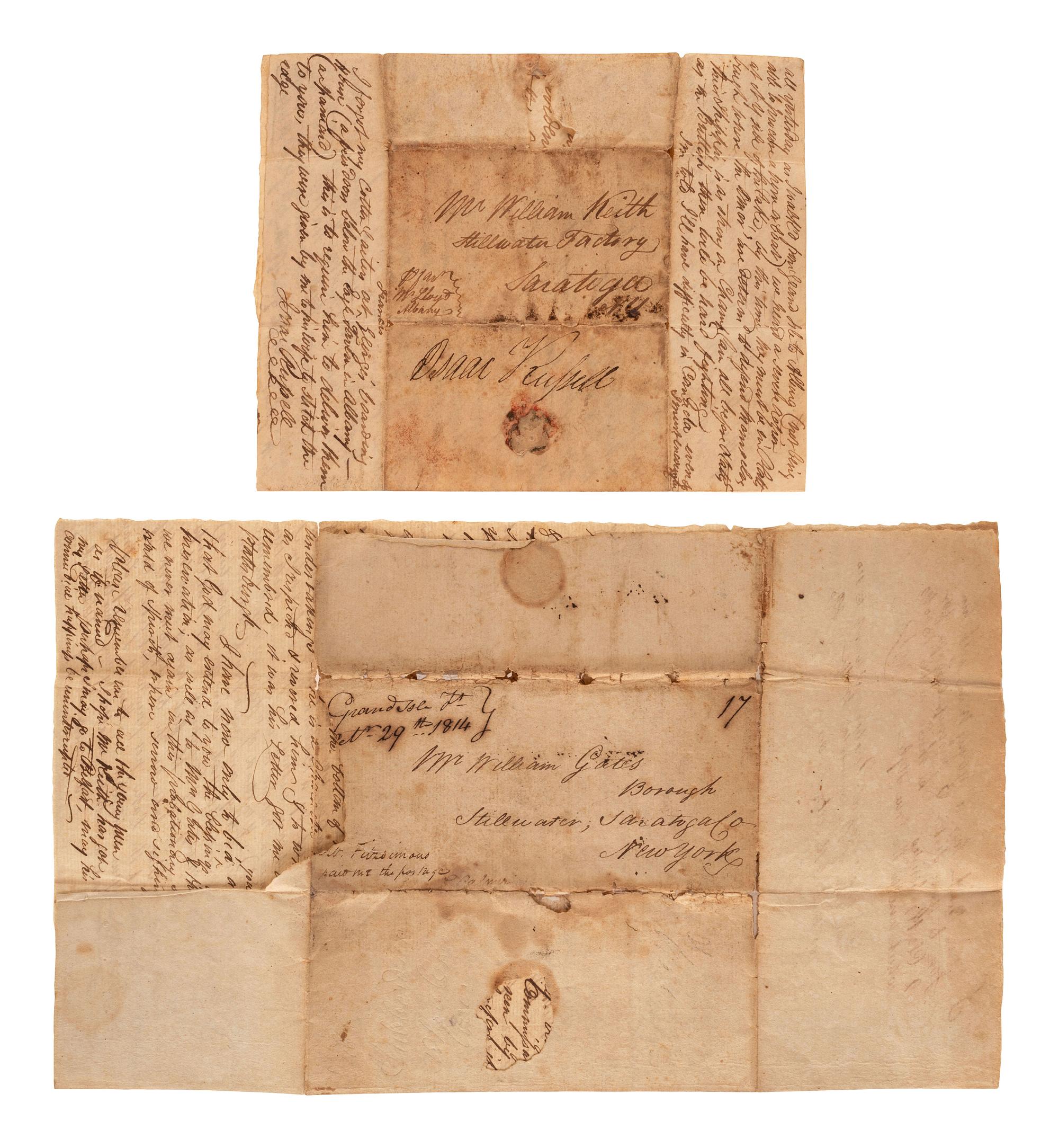 [WAR OF 1812]. A group of two letters both describing the arrest of the author by American troops on suspicion of being a British spy and the Battle of Plattsburgh.